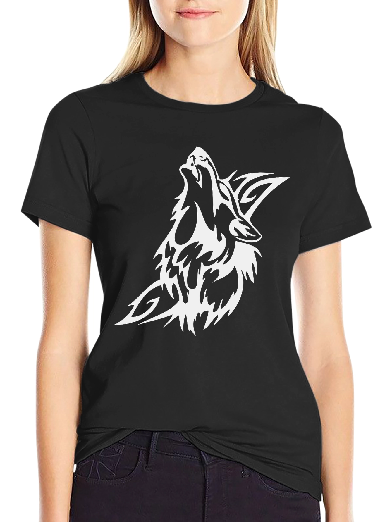 Mens Black T-shirt with White Wolf Graphic