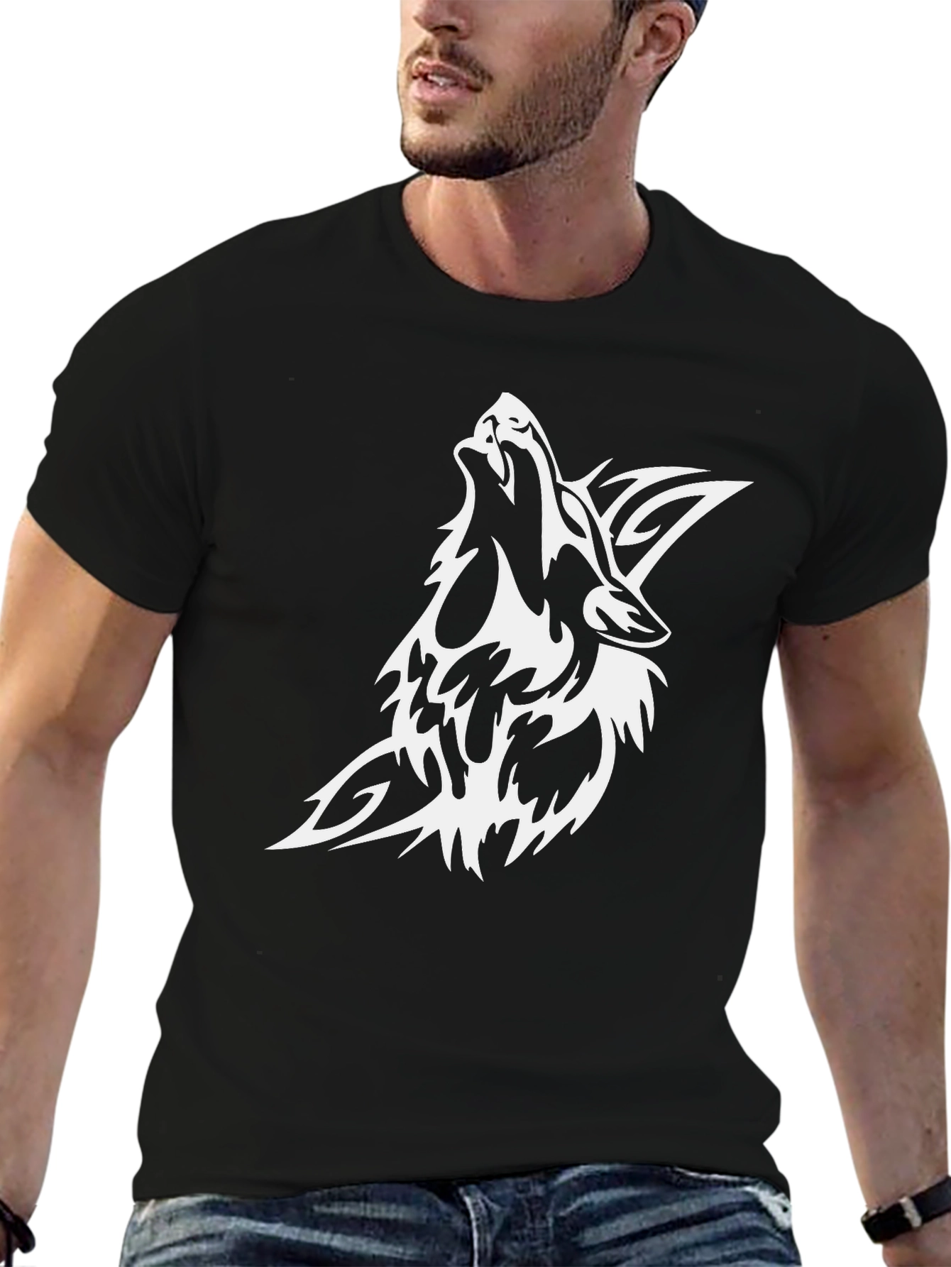 Mens Black T-shirt with White Wolf Graphic