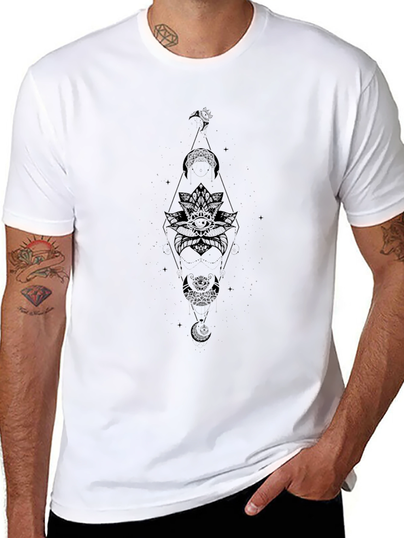 Mens Black Graphic Tee - Moon Phases Lotus