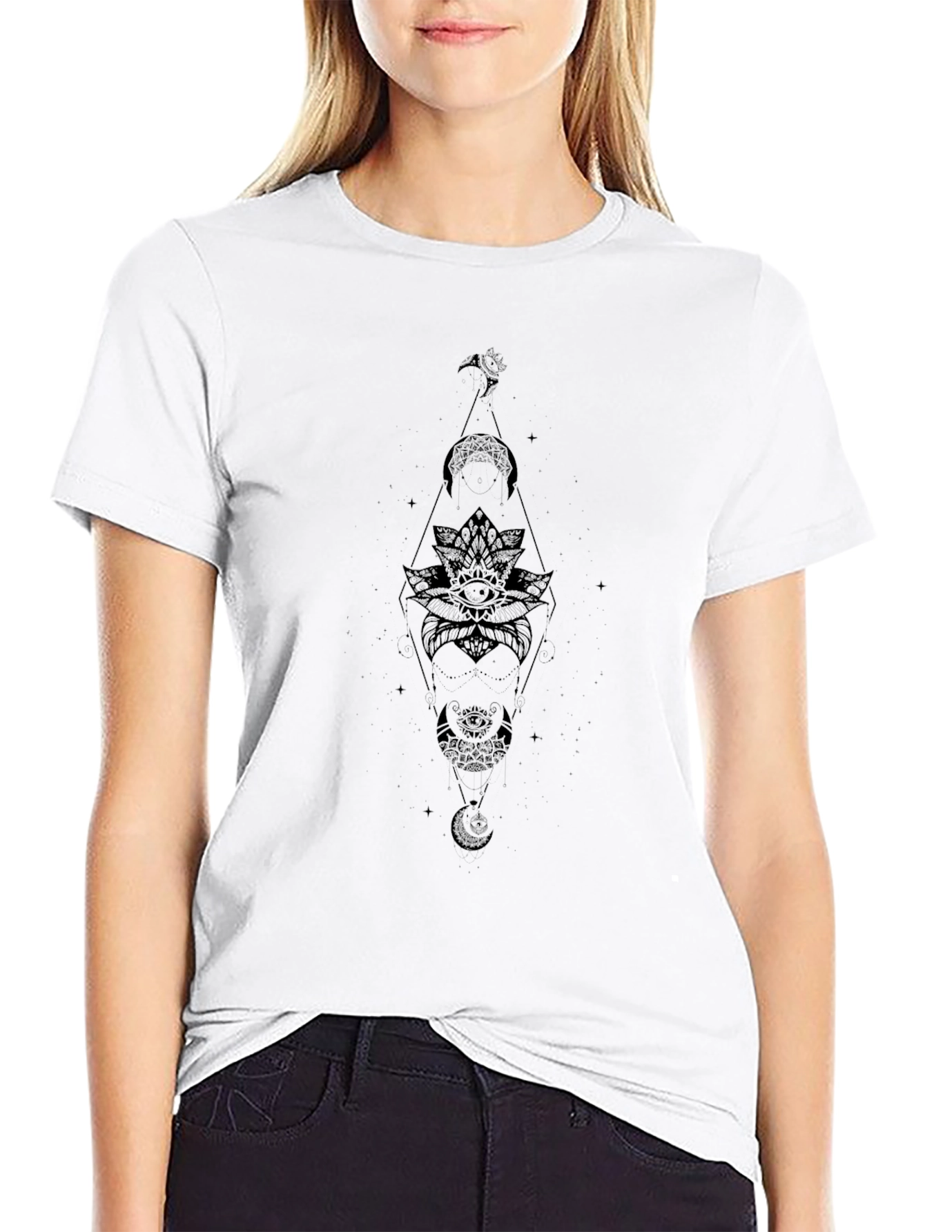 Mens Black Graphic Tee - Moon Phases Lotus