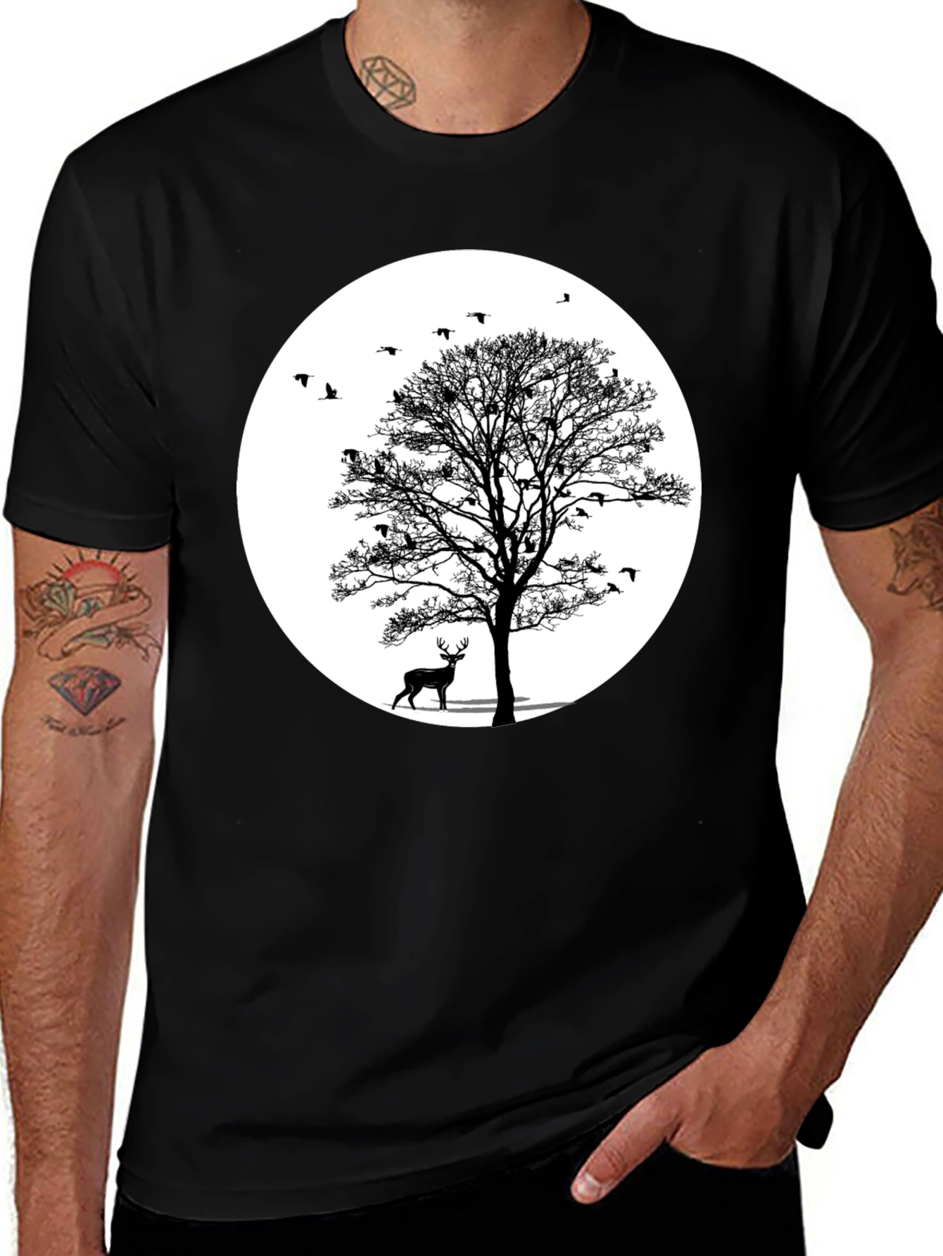 Nature Scene Graphic Tee - Deer and Birds