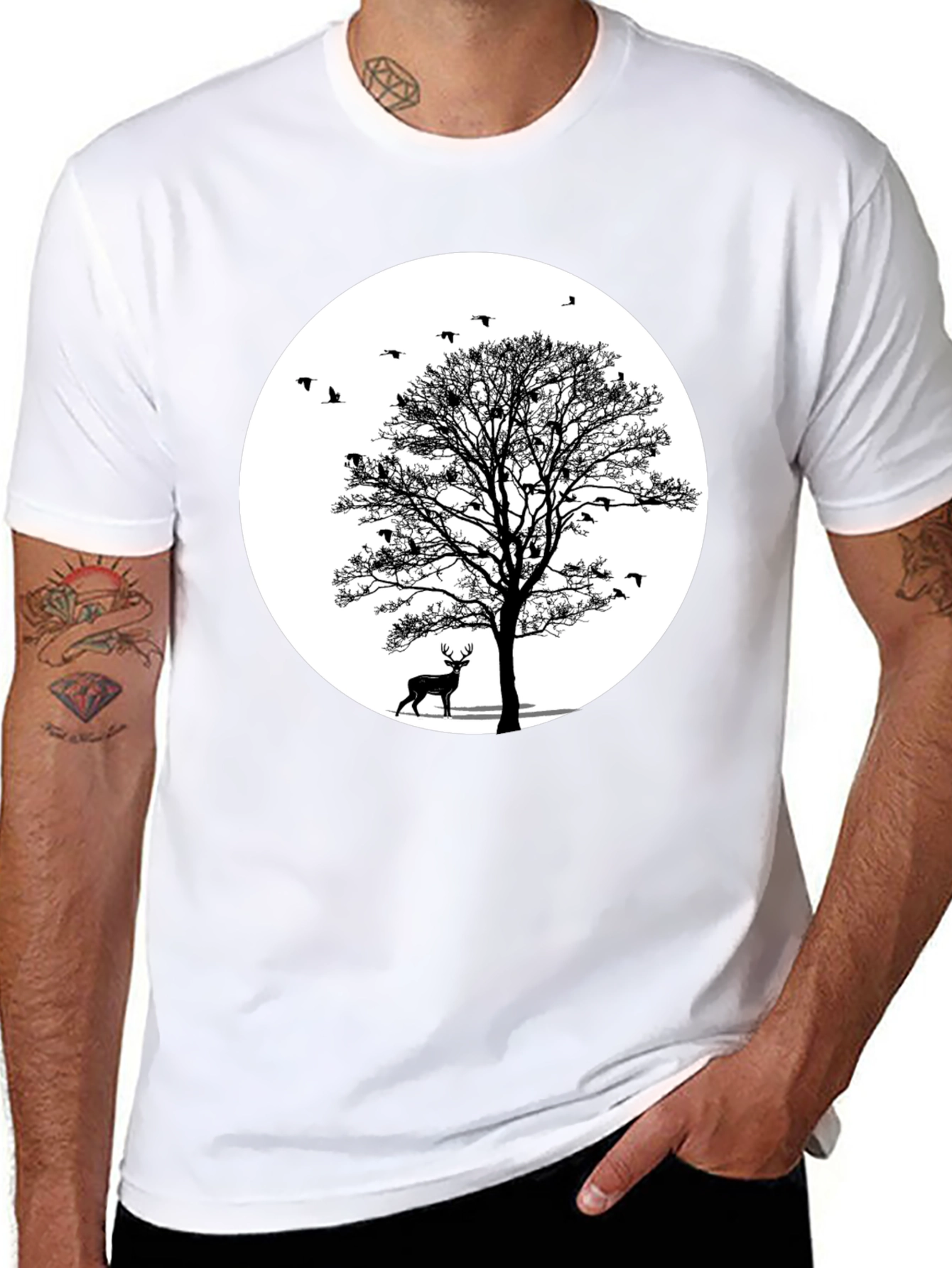 Nature Scene Graphic Tee - Deer and Birds