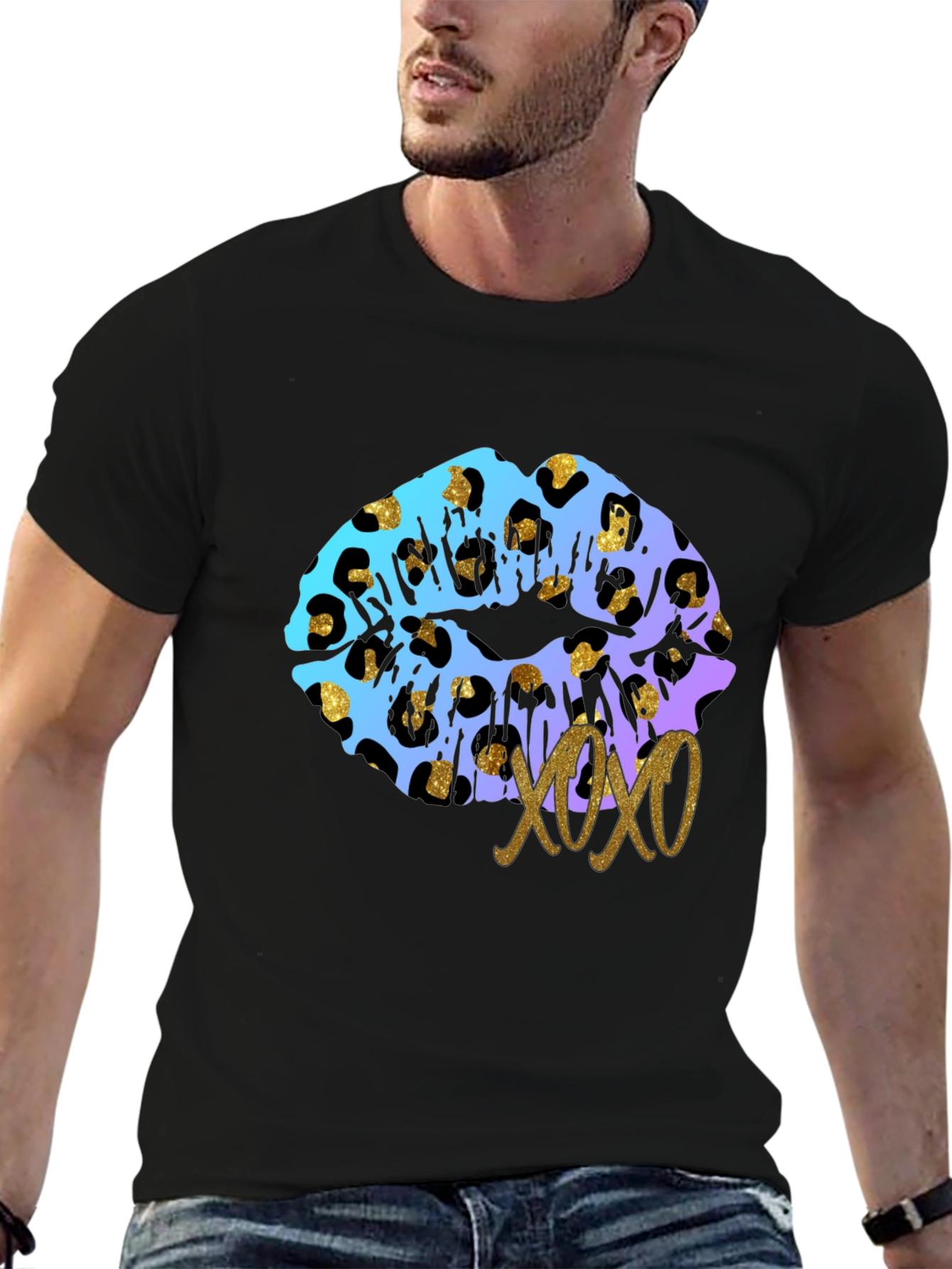 Leopard Print Lips XOXO Graphic Tee - Black