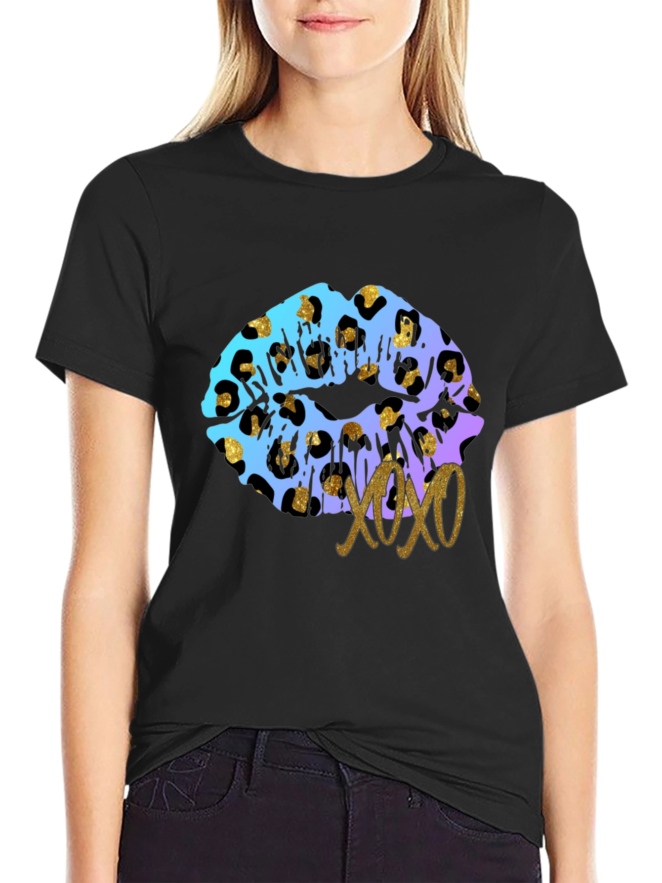 Leopard Print Lips XOXO Graphic Tee - Black
