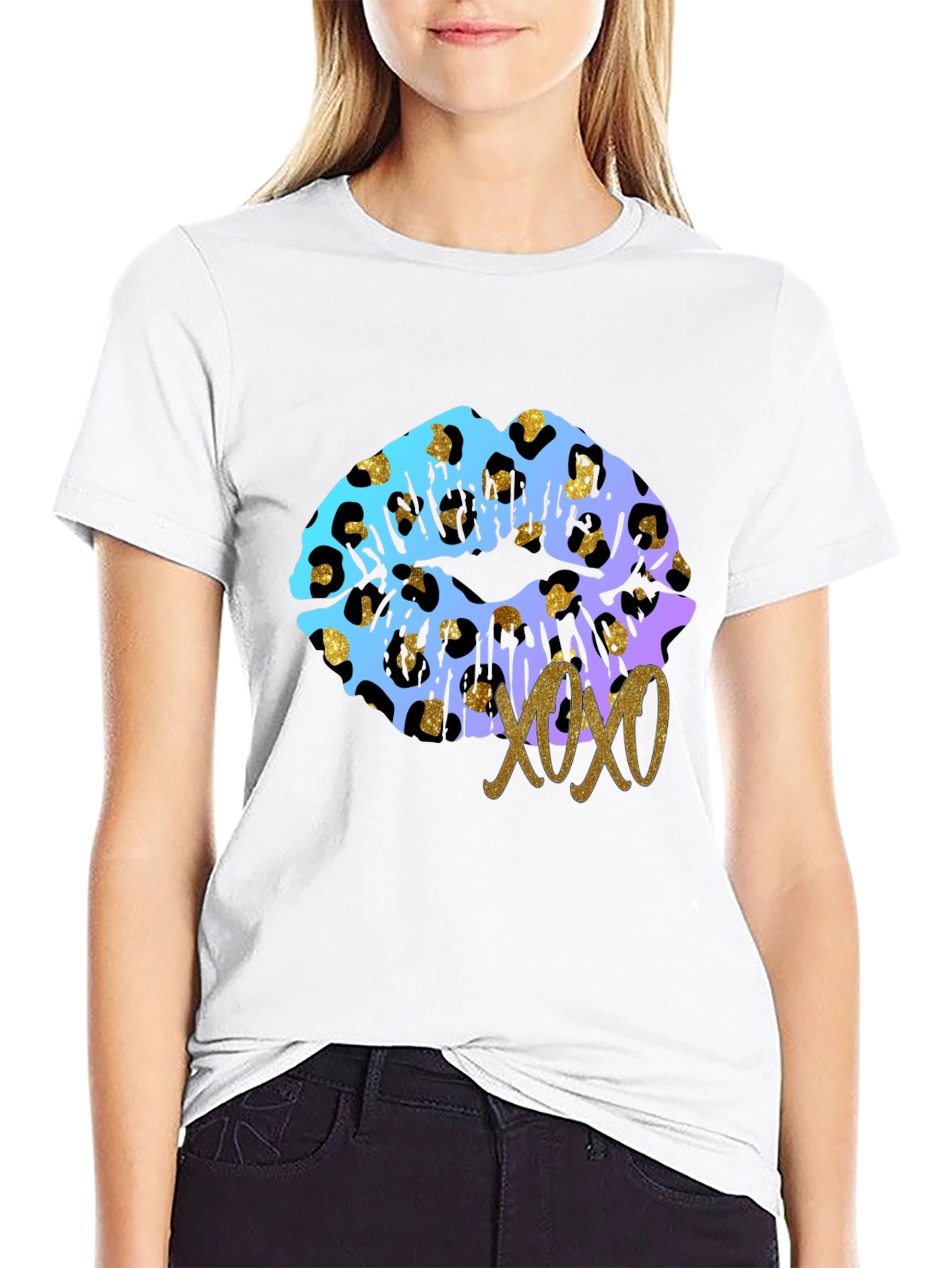 Leopard Print Lips XOXO Graphic Tee - Black