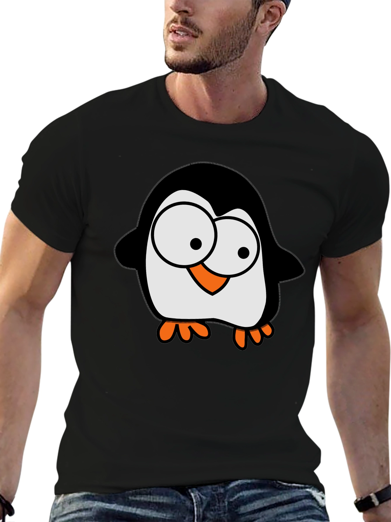 Cartoon Penguin Graphic Tee - Black Cotton T-Shirt