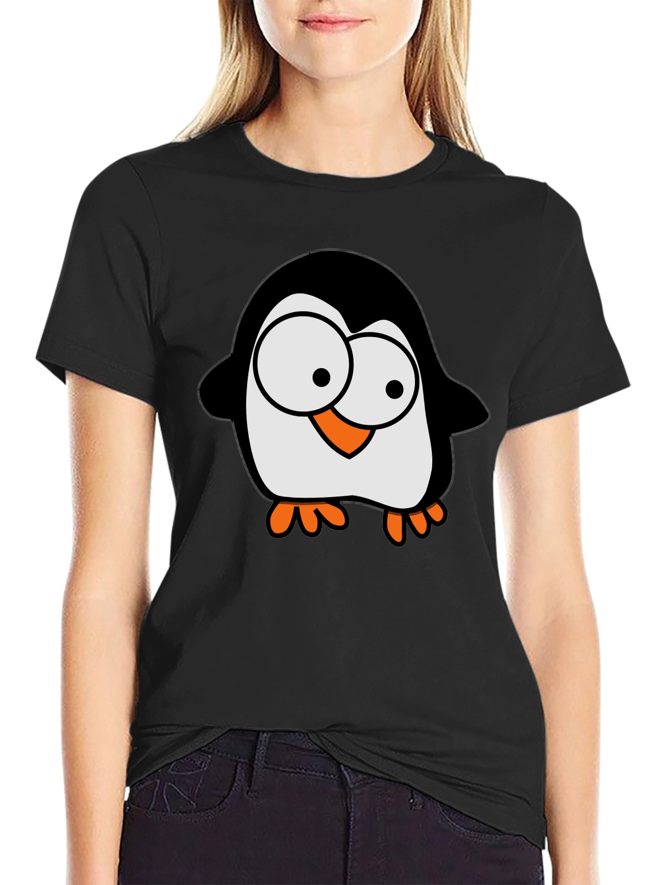 Cartoon Penguin Graphic Tee - Black Cotton T-Shirt