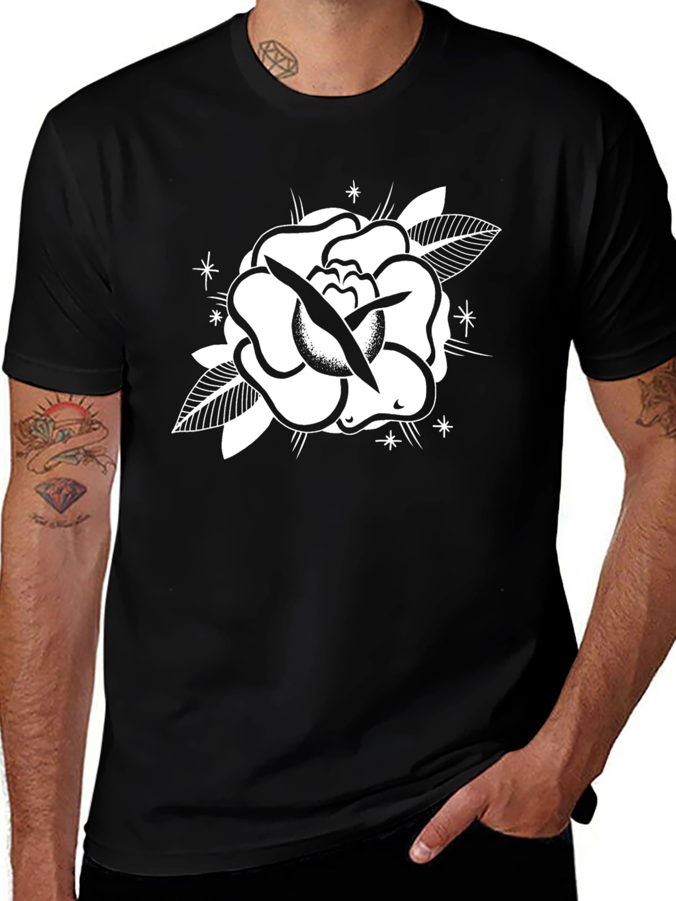 Black Tee with Rose Graphic