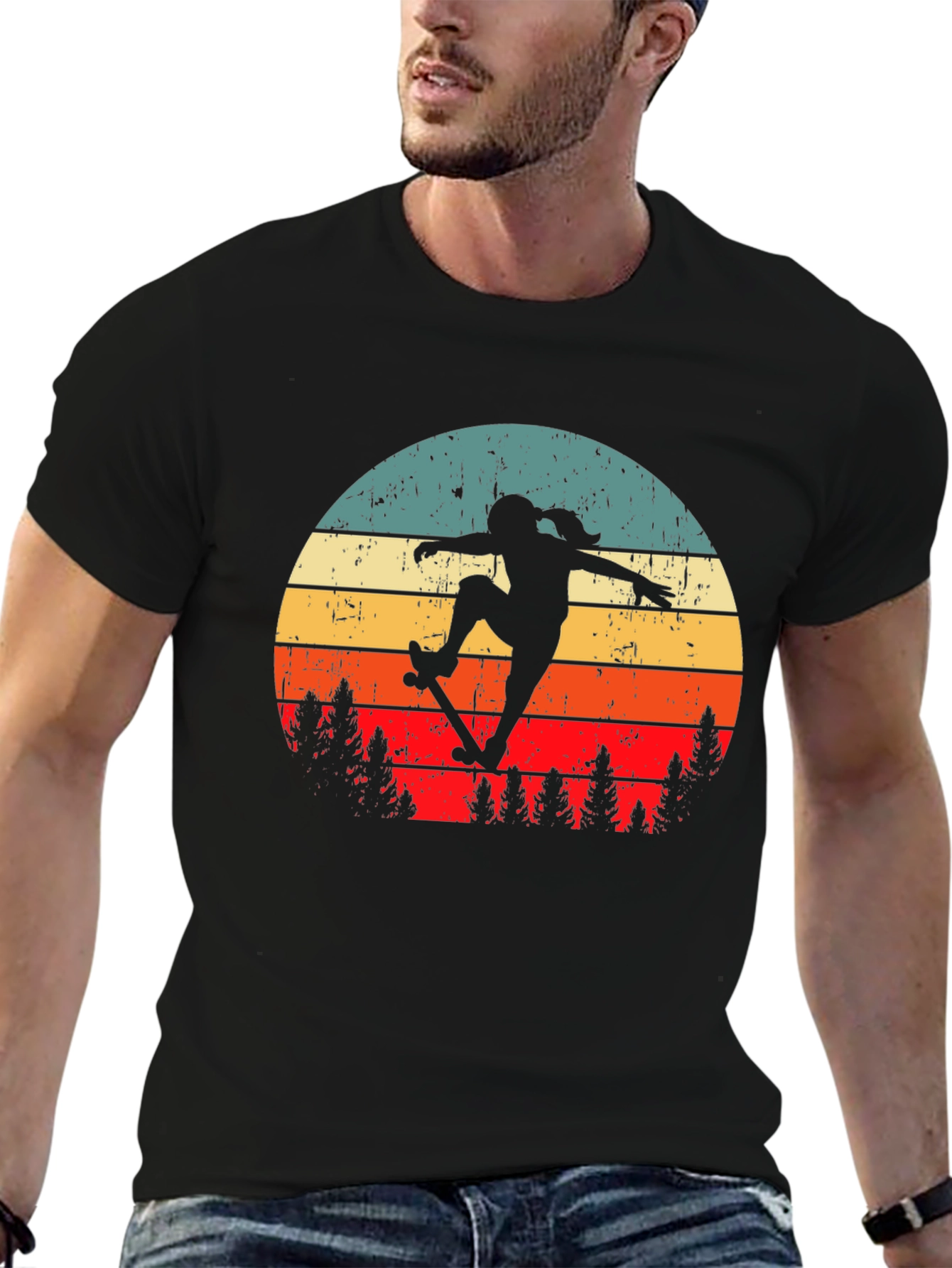 Retro Skateboarder Graphic Tee - Black Cotton Blend