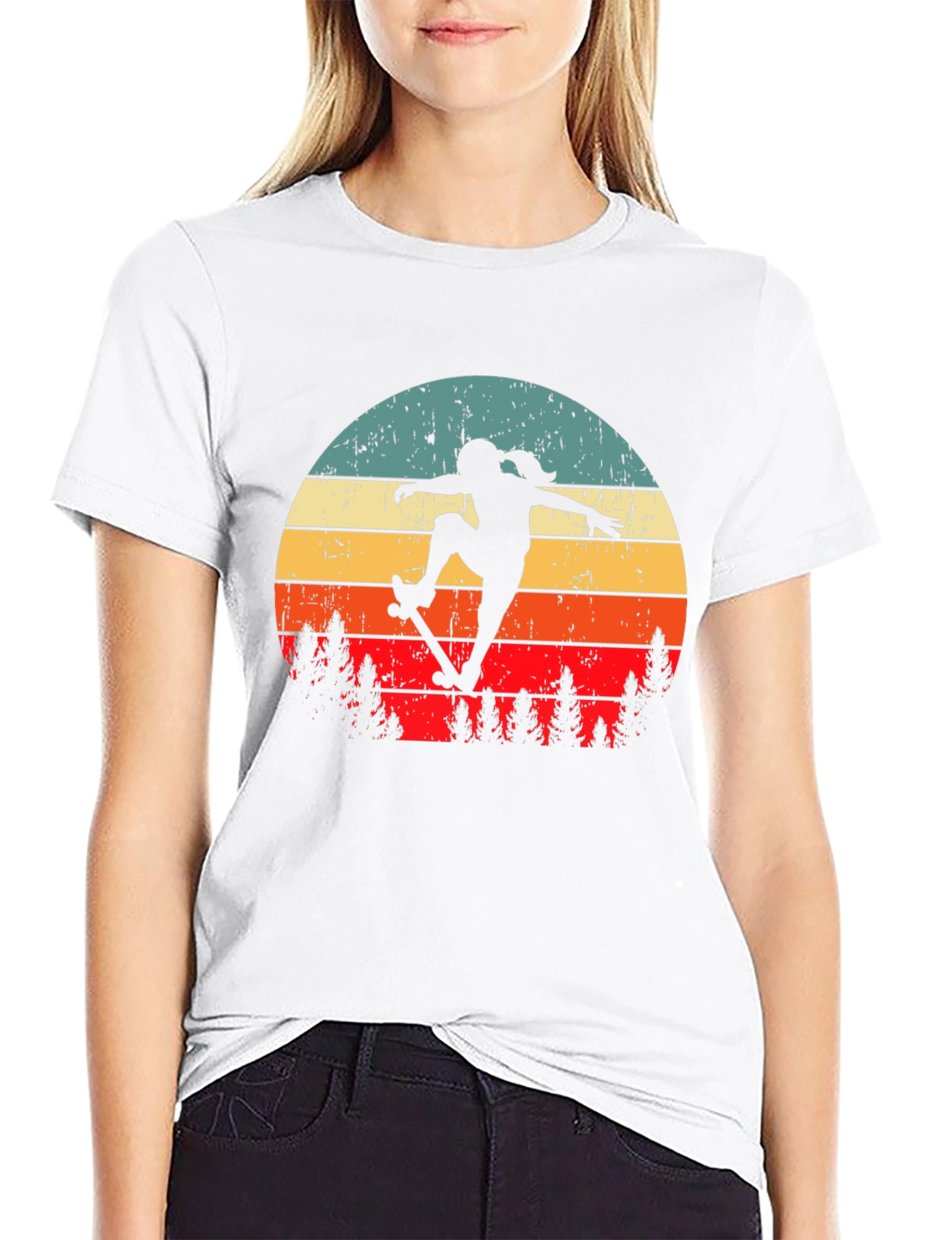 Retro Skateboarder Graphic Tee - Black Cotton Blend