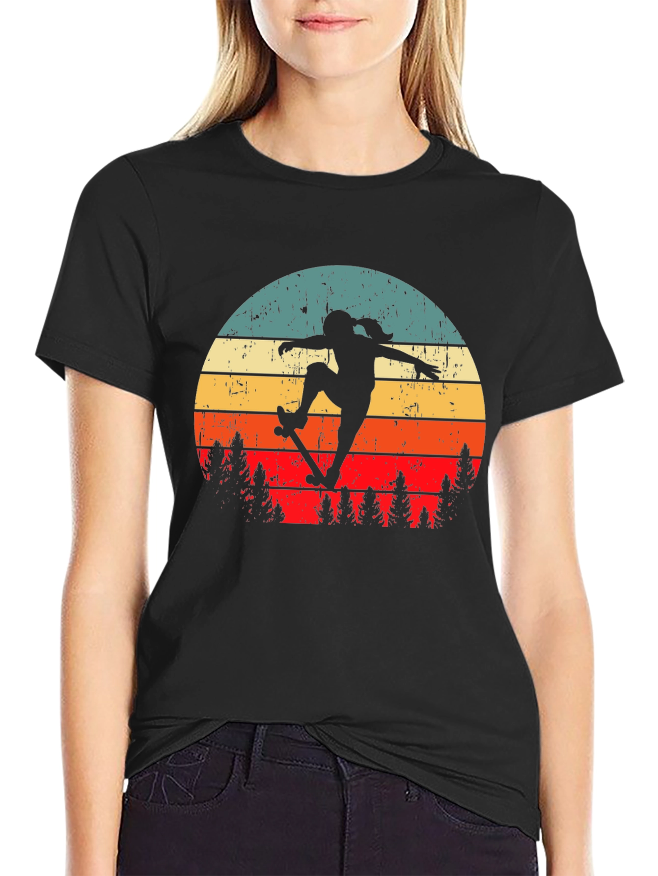 Retro Skateboarder Graphic Tee - Black Cotton Blend