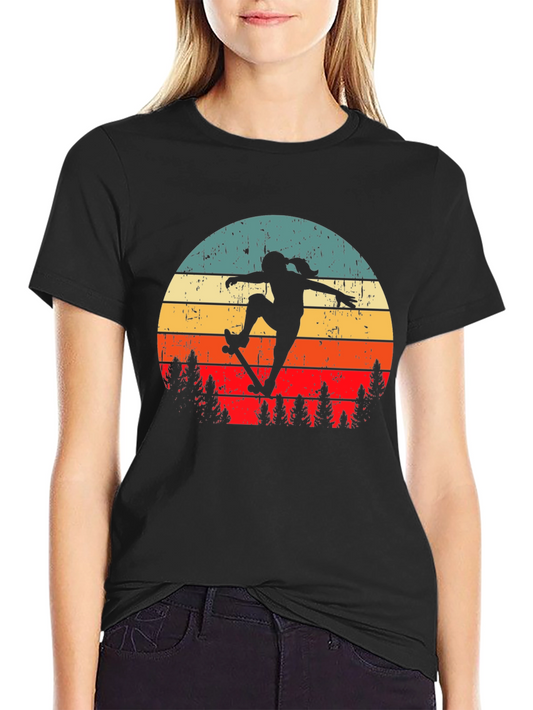 Retro Skateboarder Graphic Tee - Black Cotton Blend