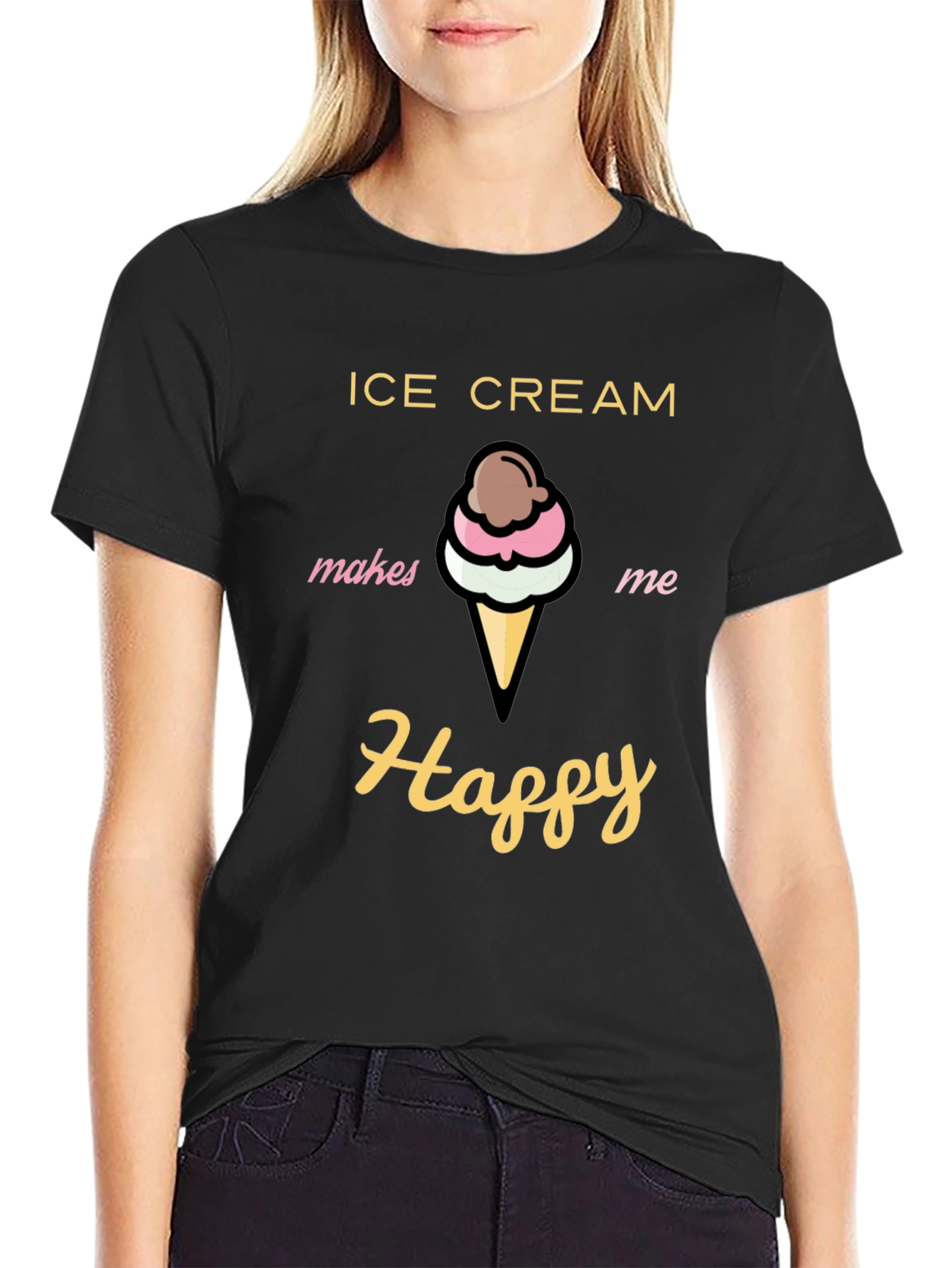 Ice Cream Makes Me Happy Black T-Shirt