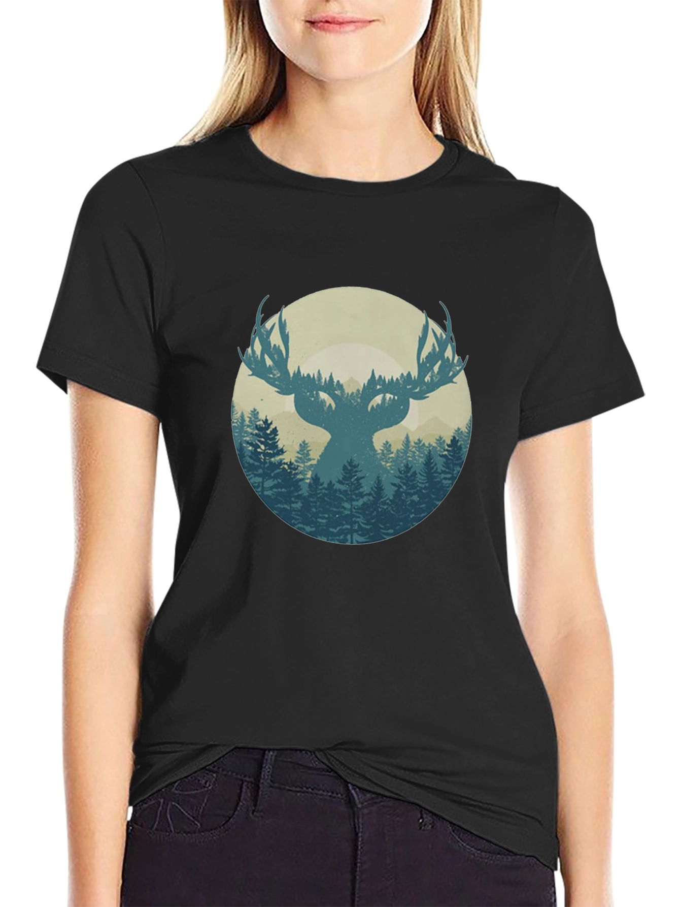 Nature Deer Graphic Black T-Shirt