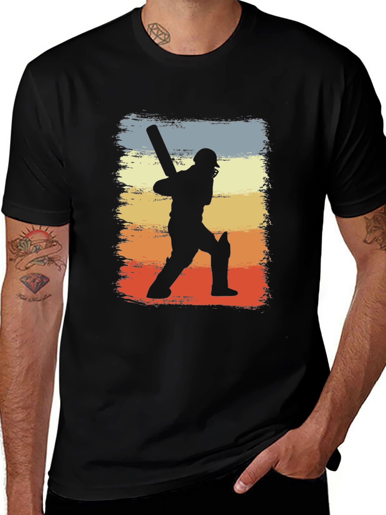 Cricket Player Silhouette Retro Graphic T-Shirt