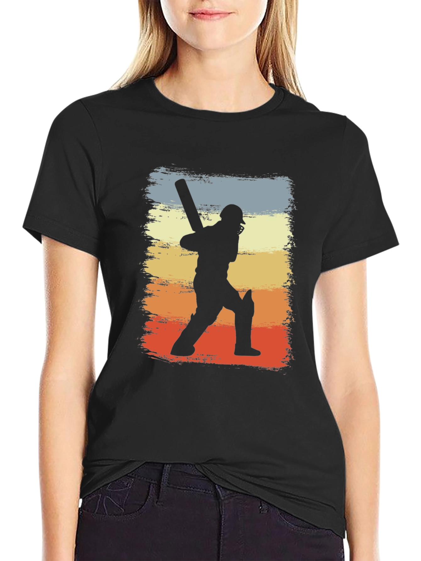 Cricket Player Silhouette Retro Graphic T-Shirt