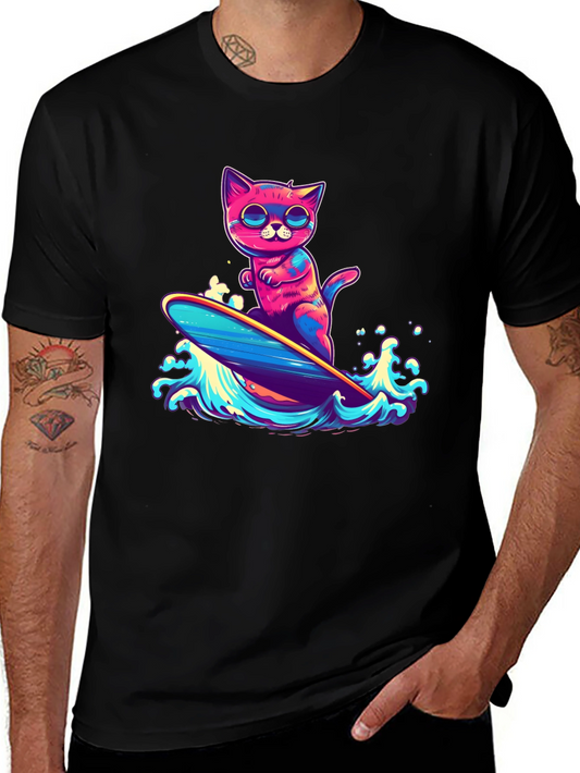 Surfing Cat Graphic Tee - Cool & Colorful Design