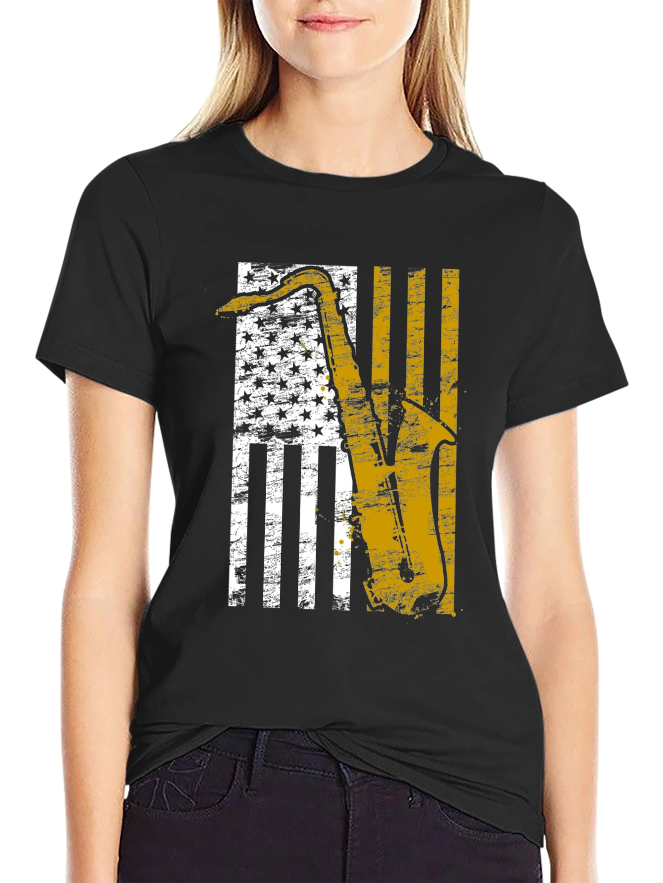 Saxophone American Flag Graphic T-Shirt