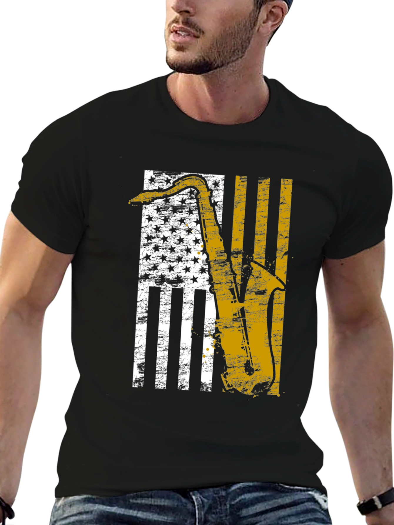 Saxophone American Flag Graphic T-Shirt