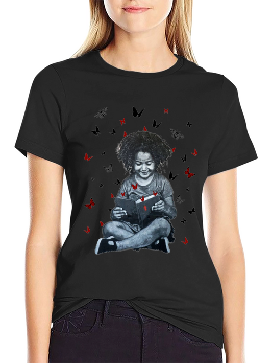 Girl Reading Book with Butterfly T-Shirt