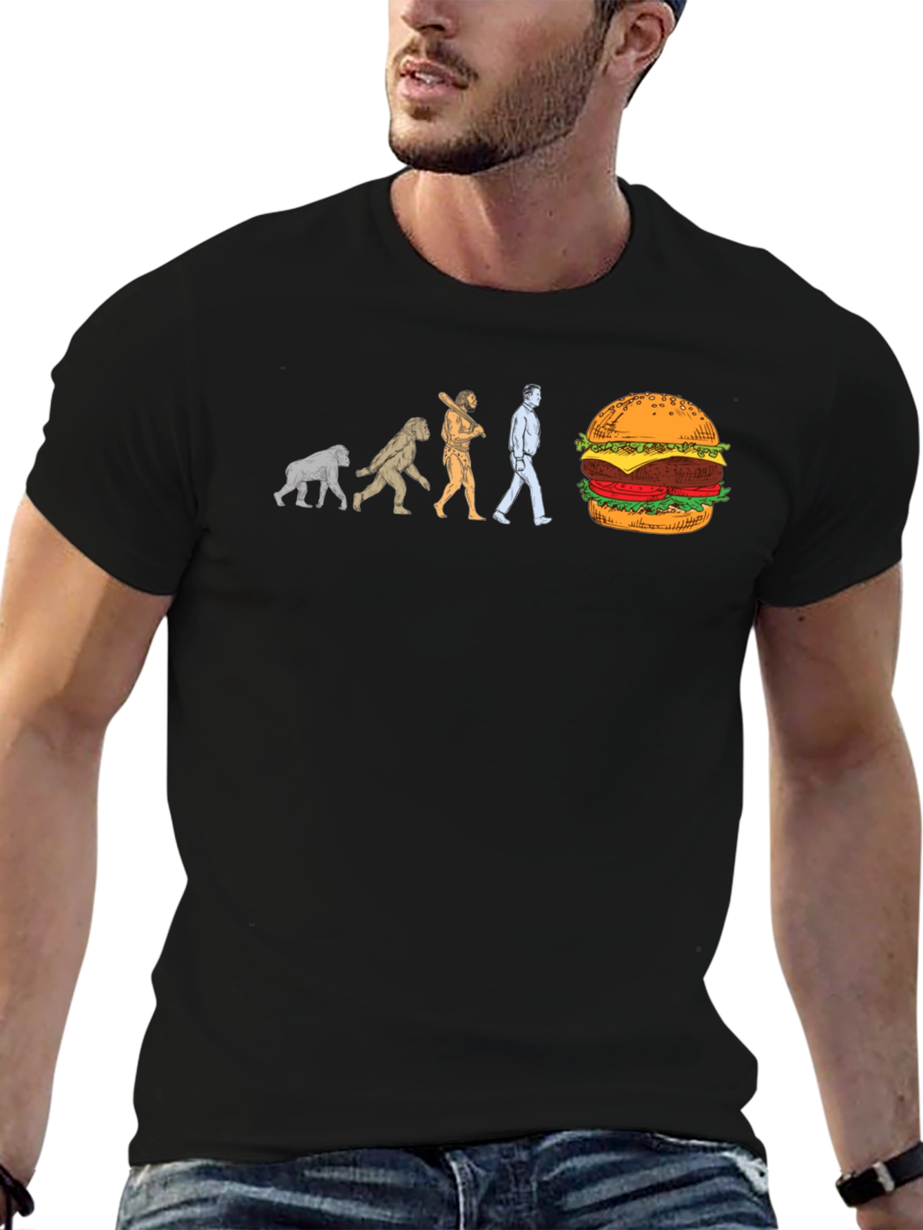 Evolution of Man to Burger Black T-Shirt