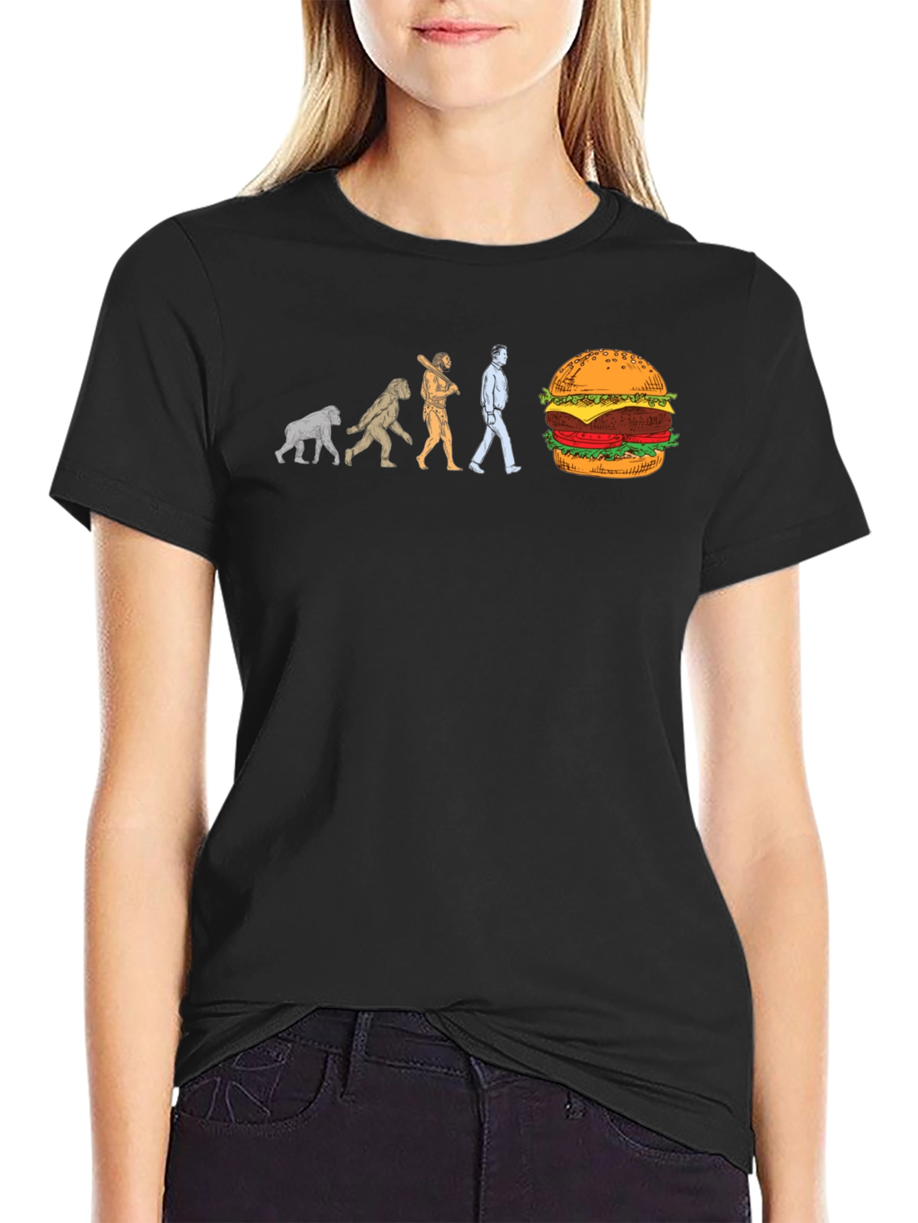 Evolution of Man to Burger Black T-Shirt