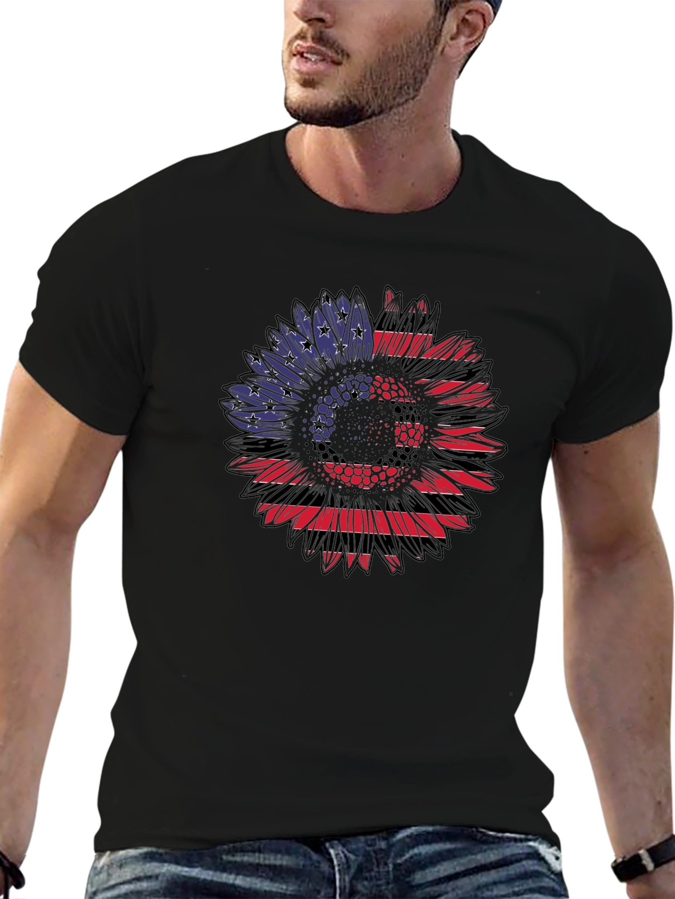American Flag Sunflower Graphic Tee - Black
