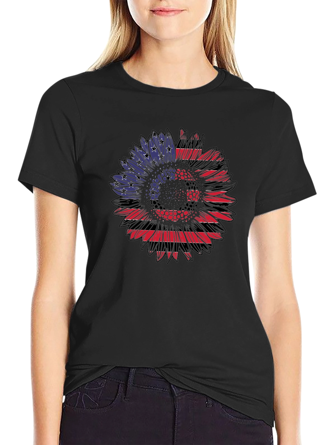 American Flag Sunflower Graphic Tee - Black