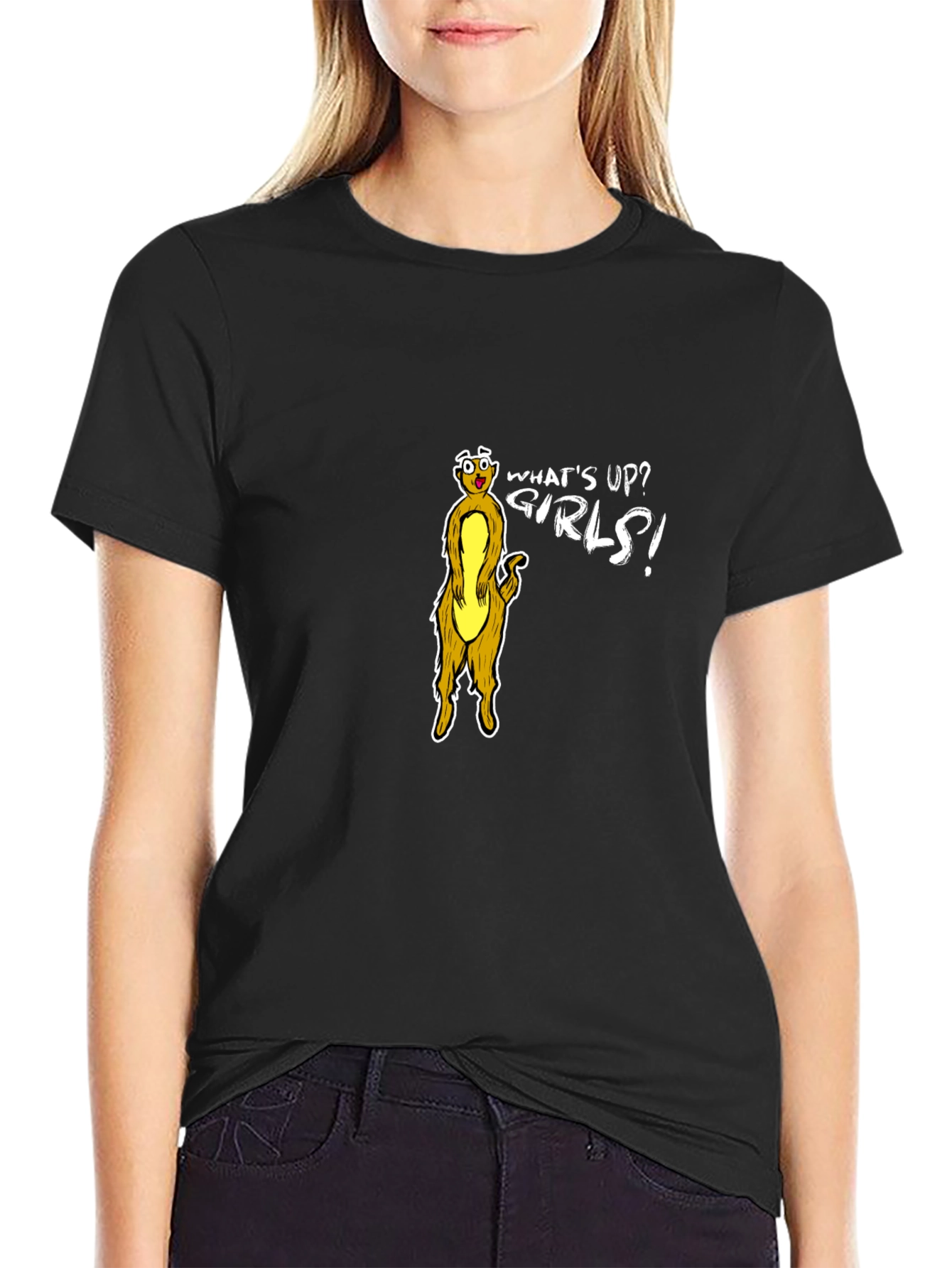 Funny Meerkat Whats Up Girls! Black T-Shirt