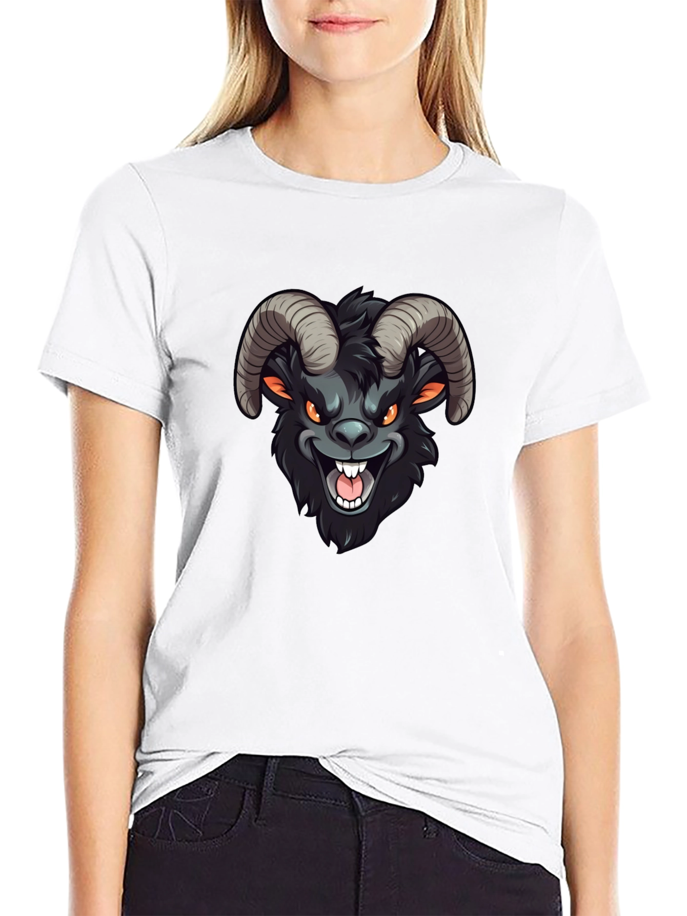 Mens Black T-Shirt with Cartoon Goat Design