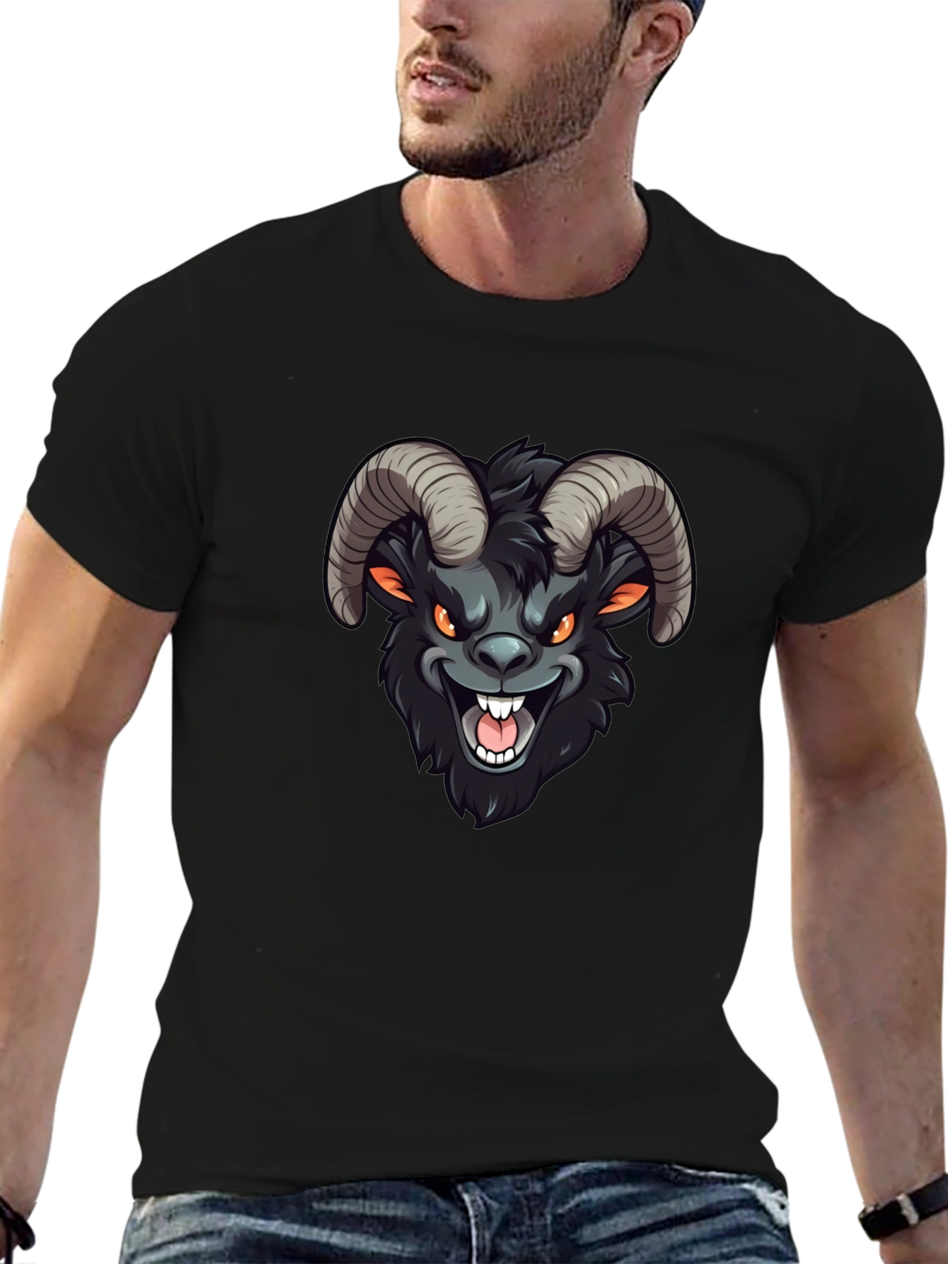 Mens Black T-Shirt with Cartoon Goat Design