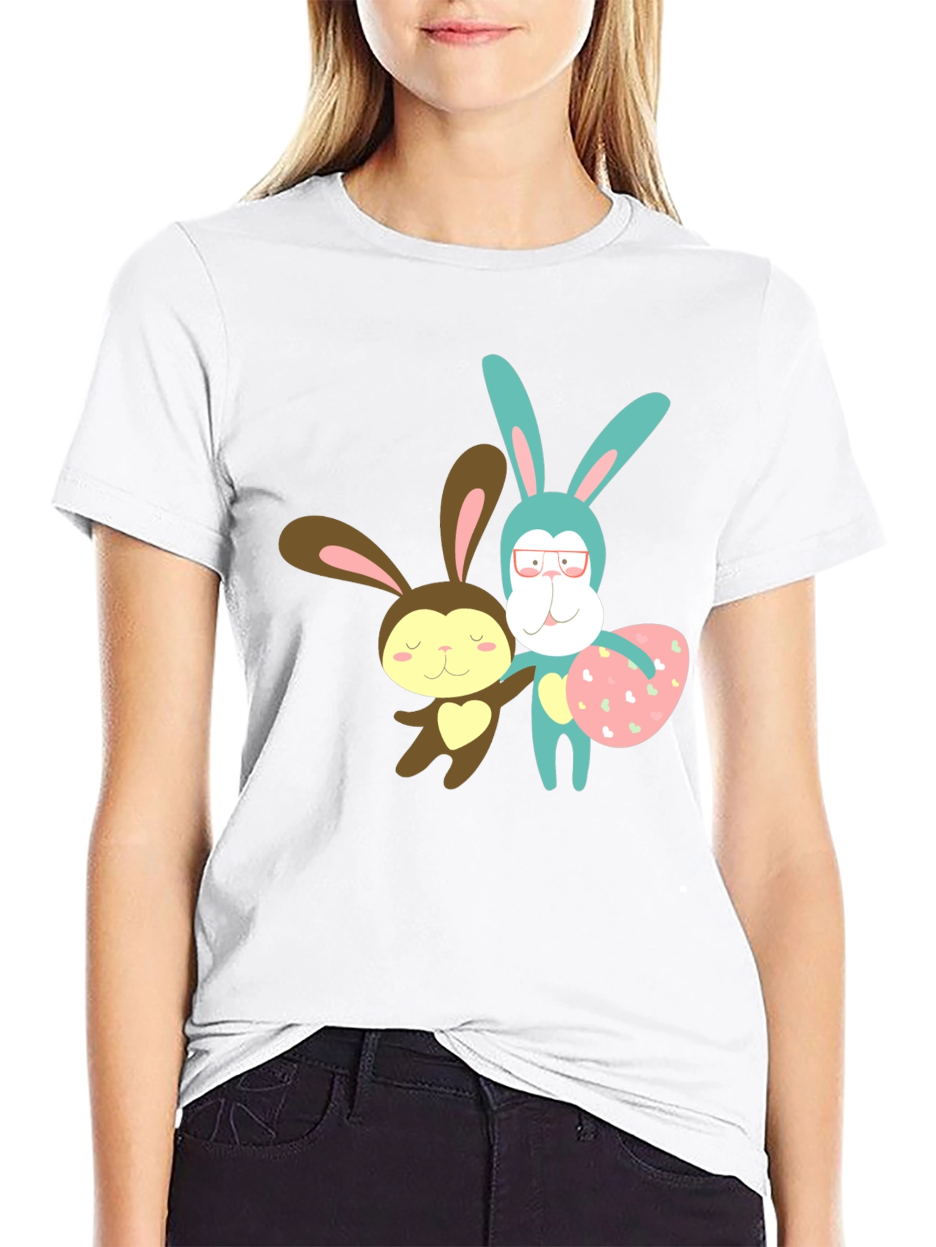 Cute Cartoon Bunny Black T-Shirt