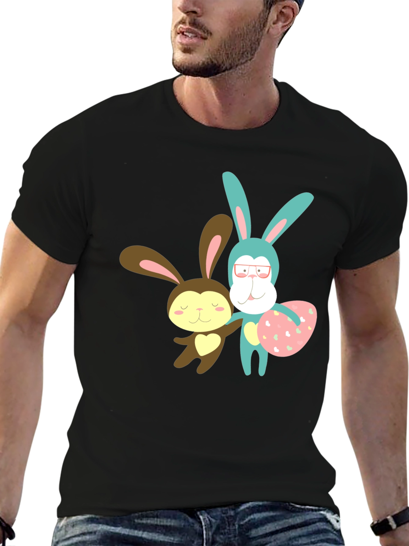 Cute Cartoon Bunny Black T-Shirt