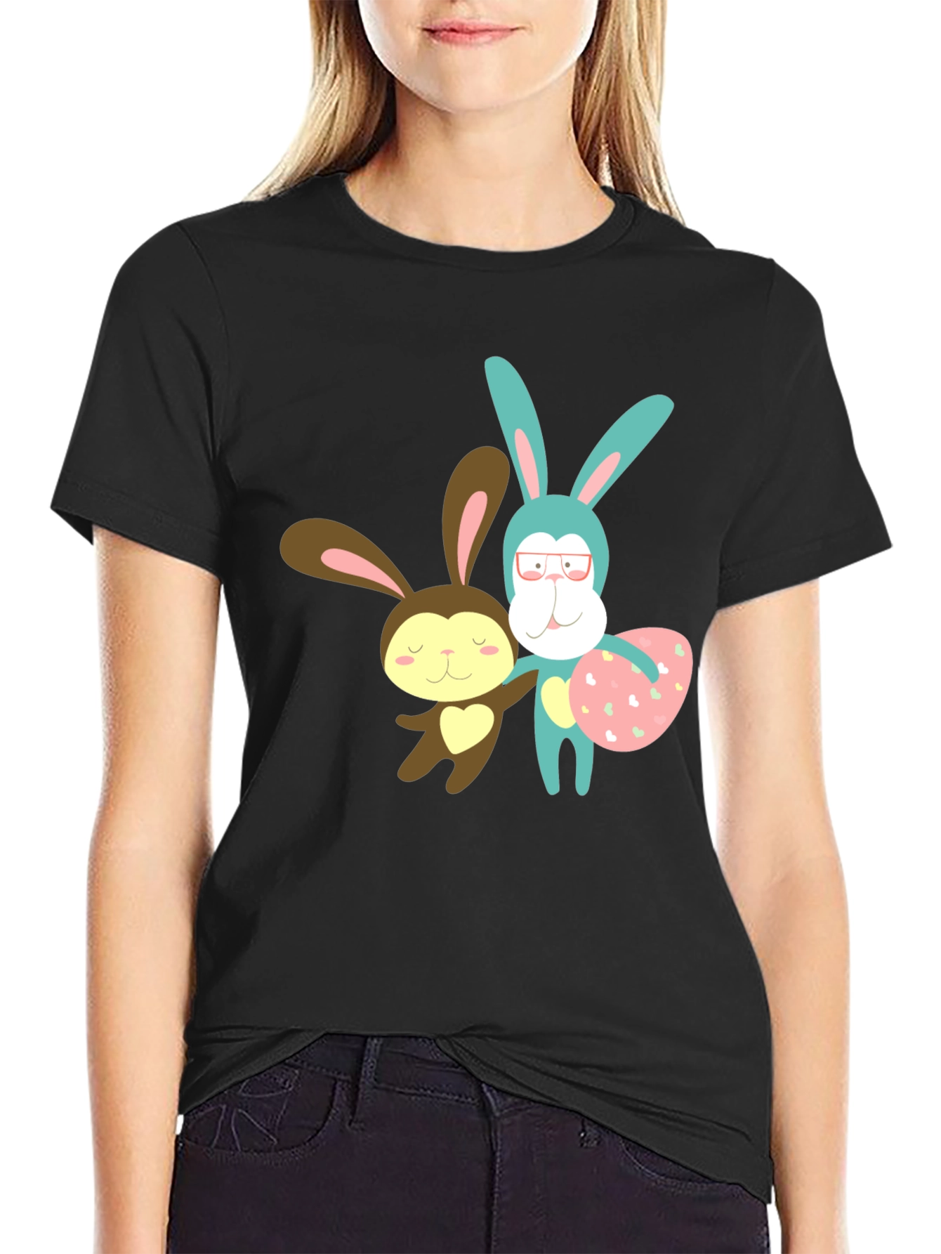 Cute Cartoon Bunny Black T-Shirt