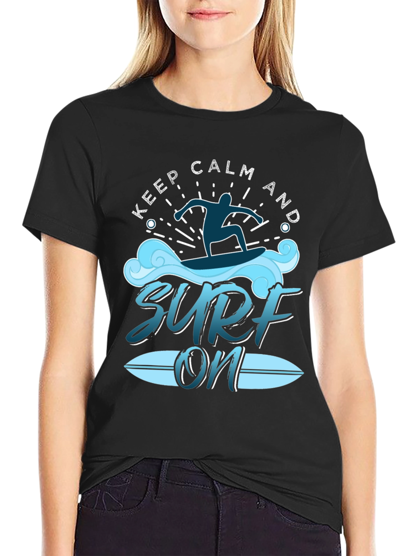 Keep Calm and Surf On Black T-Shirt