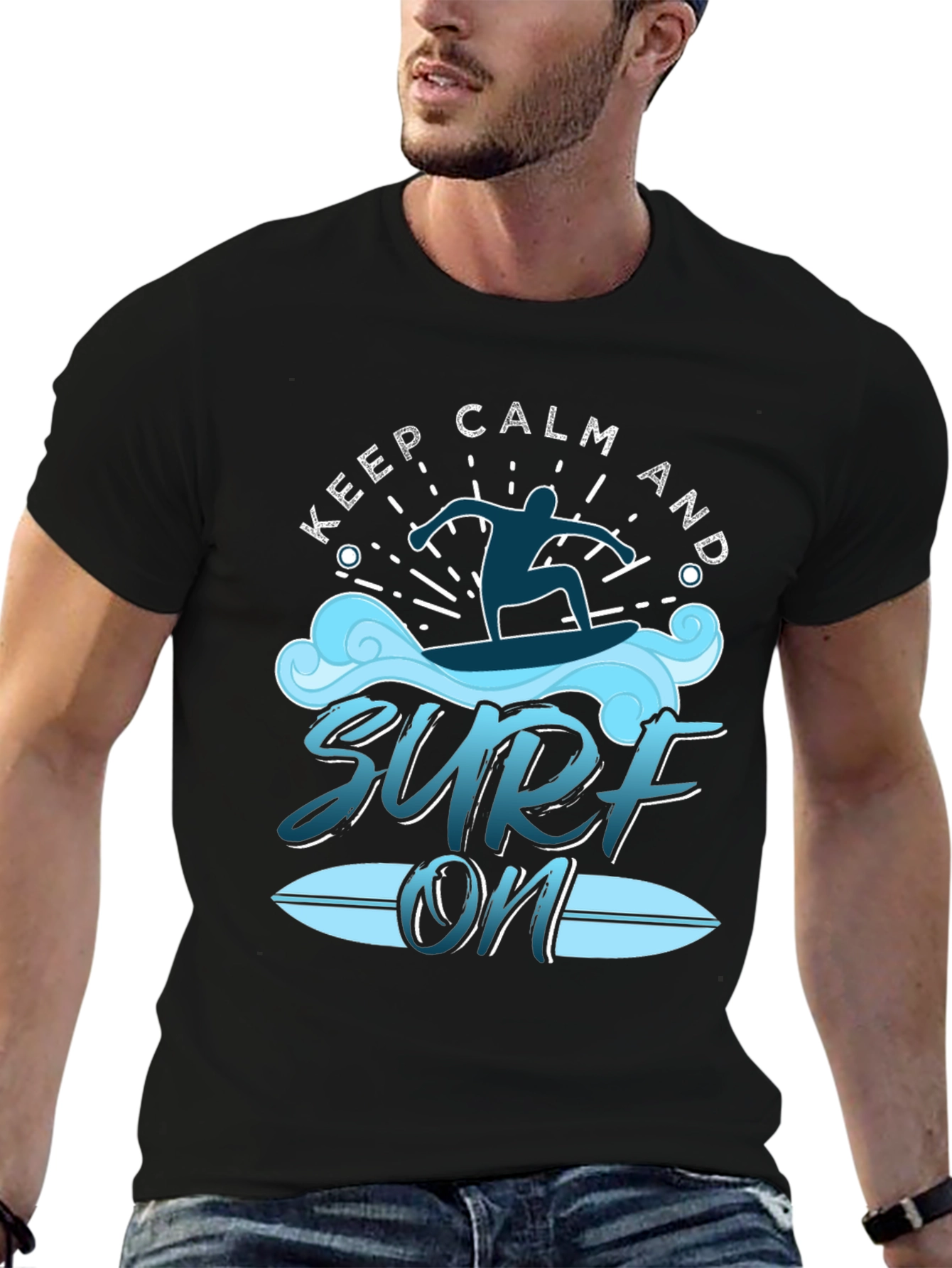 Keep Calm and Surf On Black T-Shirt