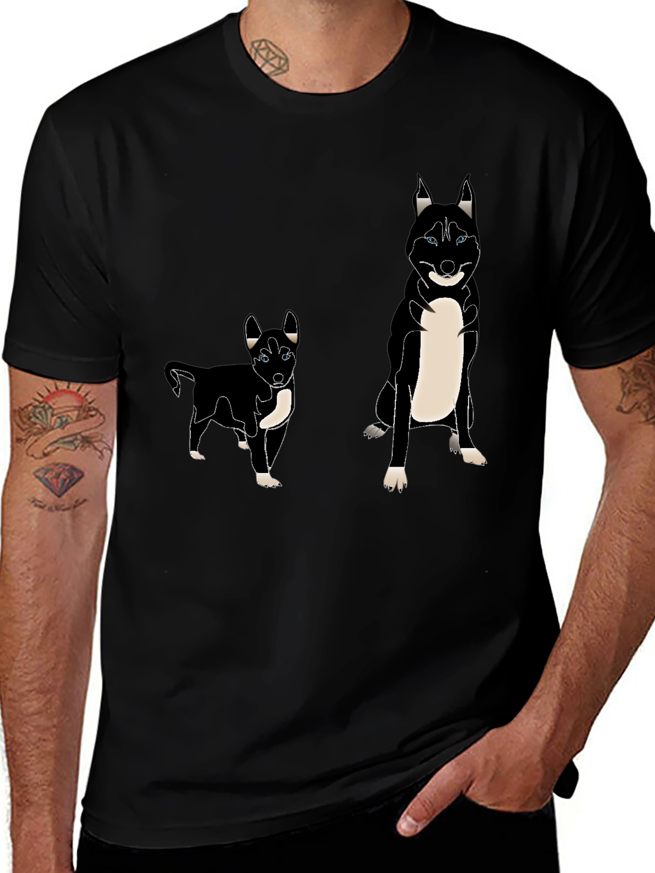 Husky Dog Print T-Shirt - Black