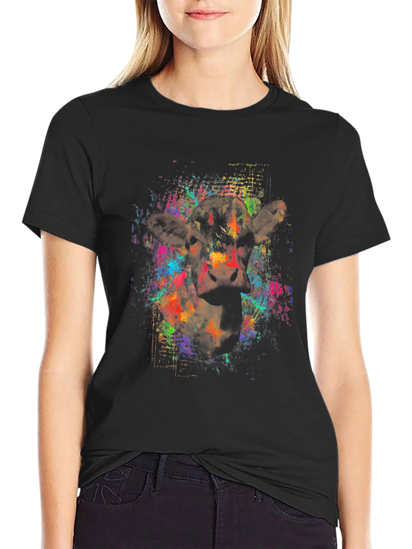 Vibrant Cow Graphic Black T-Shirt