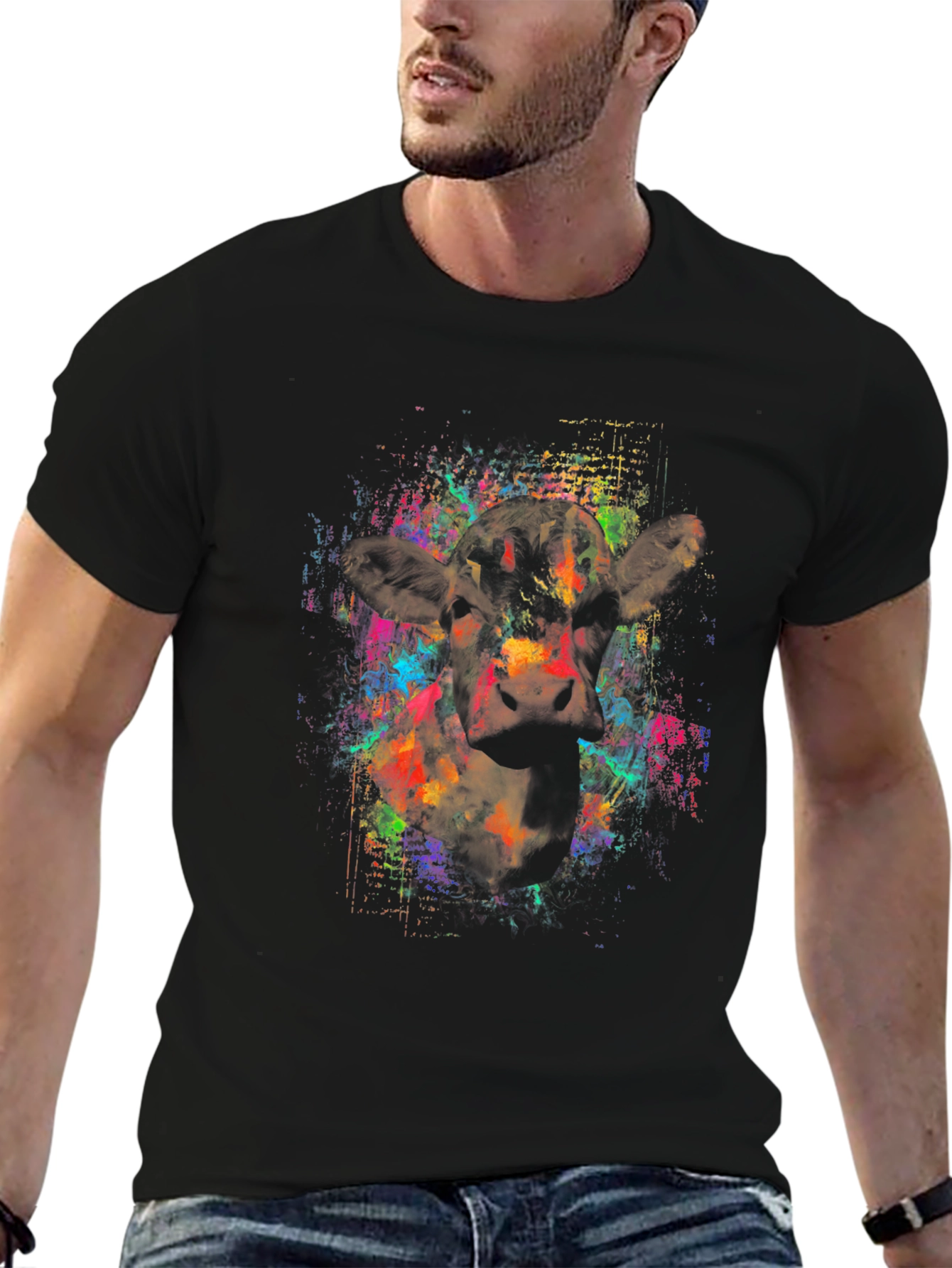 Vibrant Cow Graphic Black T-Shirt