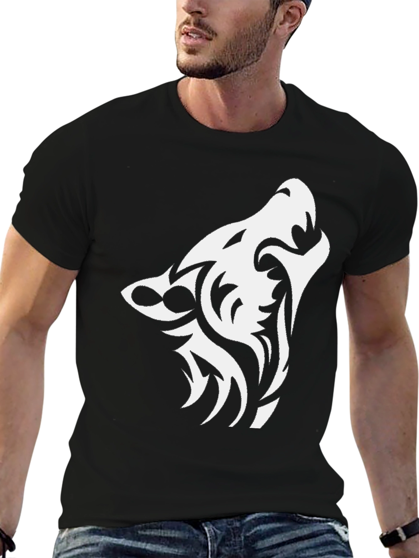 Tribal Wolf Graphic Black T-Shirt