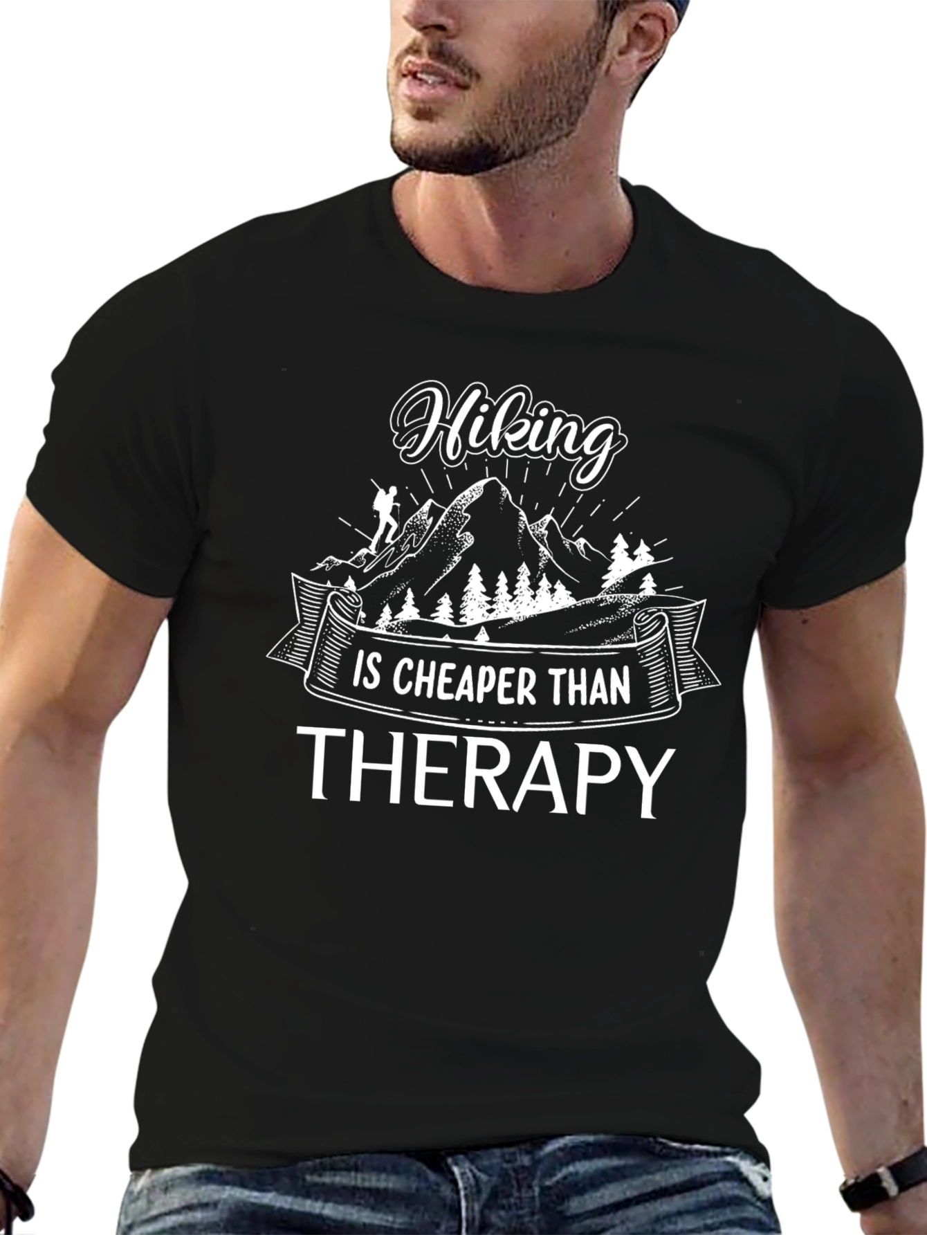 Hiking Cheaper Than Therapy Black T-Shirt