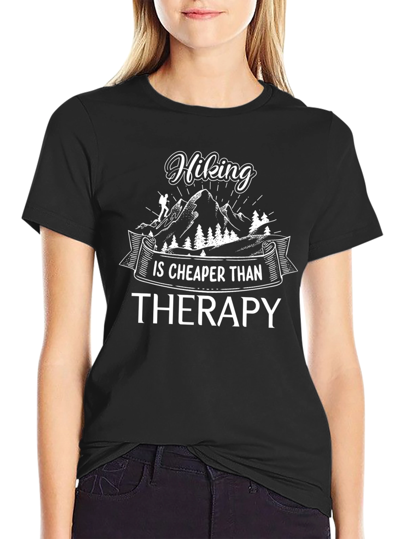 Hiking Cheaper Than Therapy Black T-Shirt