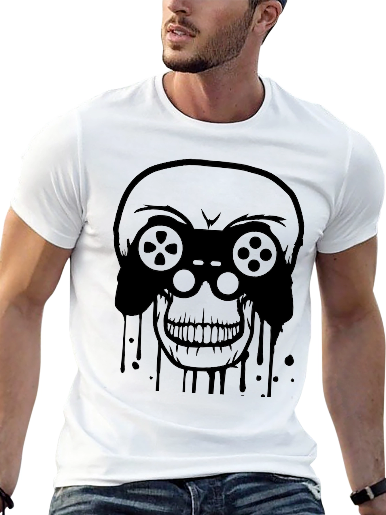 Gamer Skull Graphic Tee - Black Cotton T-Shirt