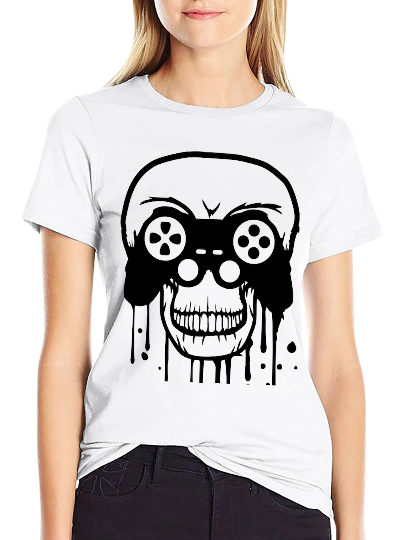 Gamer Skull Graphic Tee - Black Cotton T-Shirt