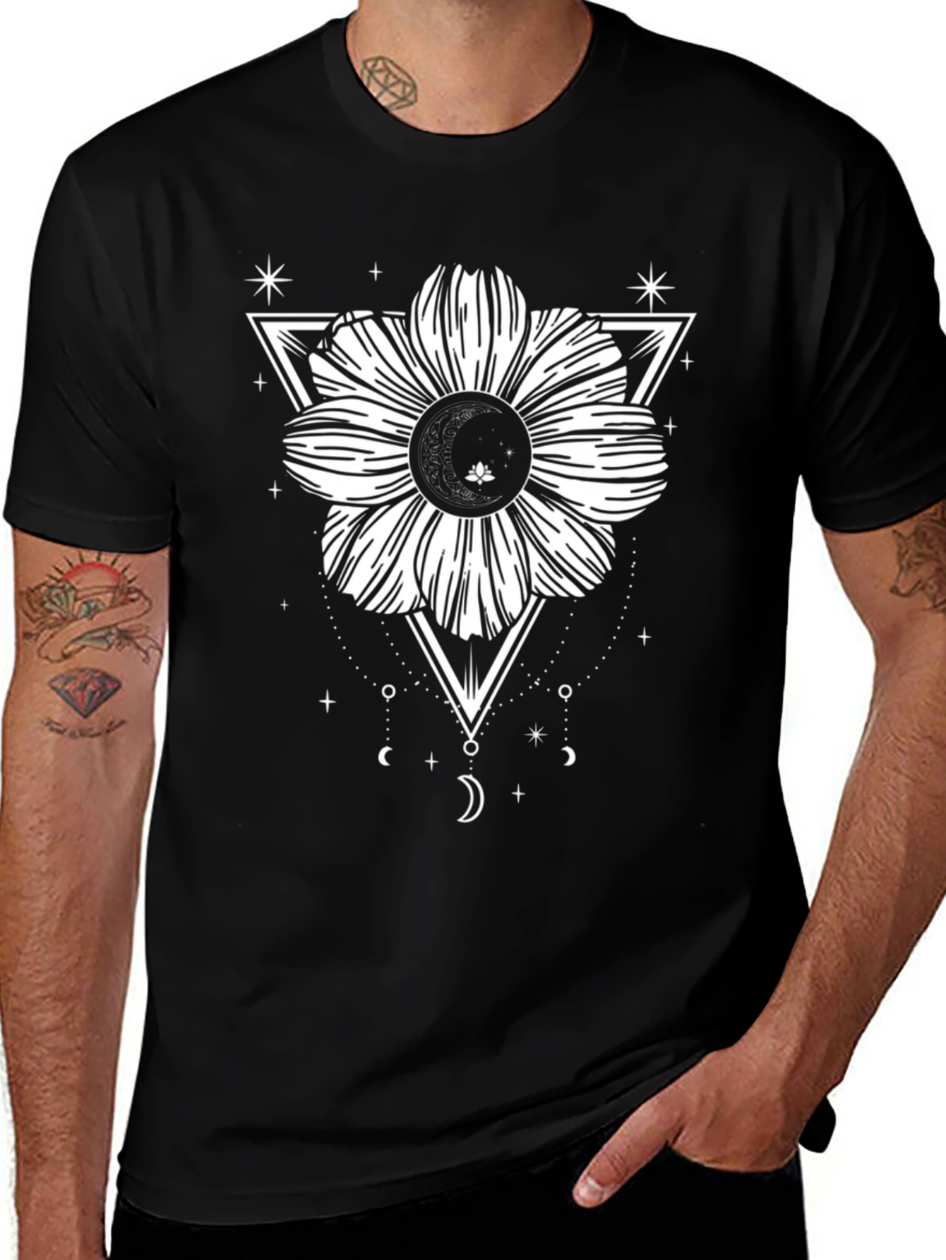 Black Tee with Geometric Floral Moon Design