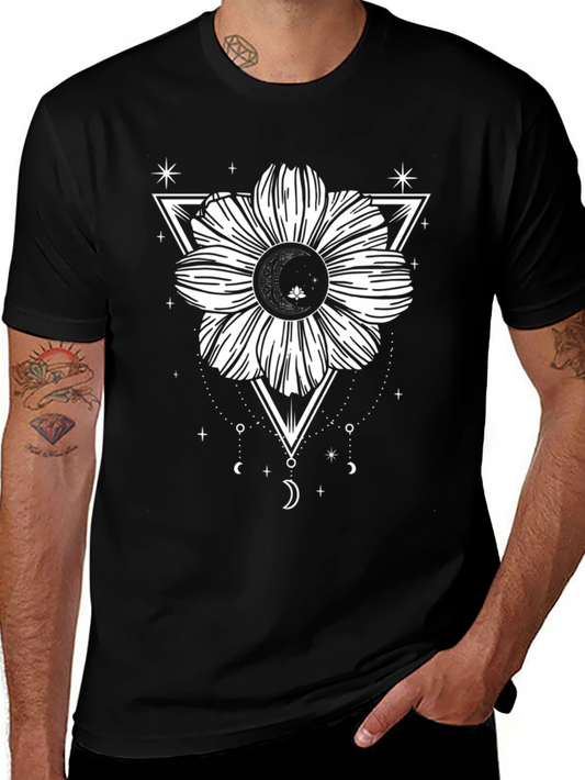 Black Tee with Geometric Floral Moon Design