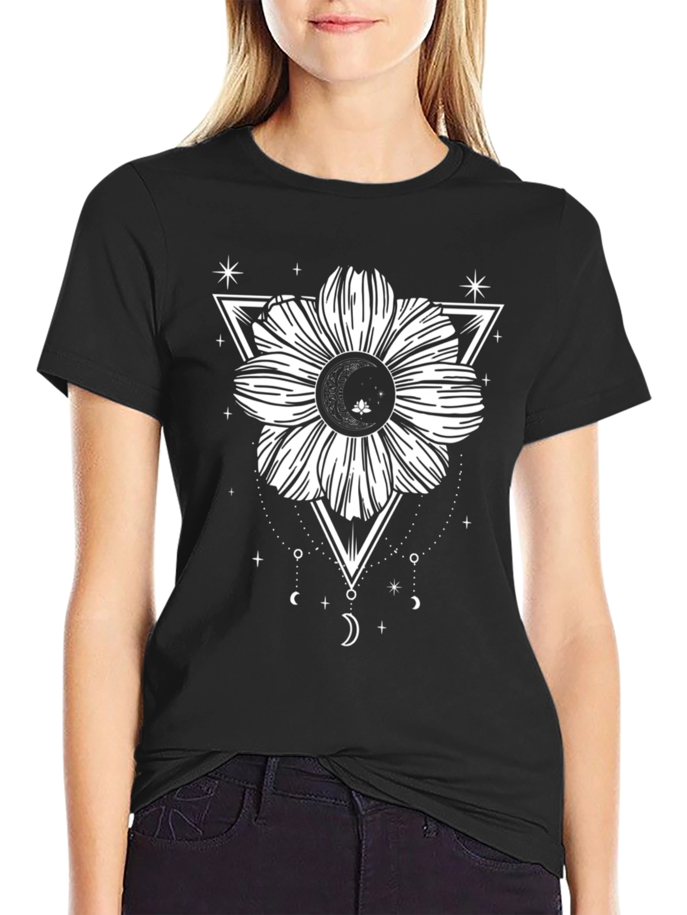 Black Tee with Geometric Floral Moon Design