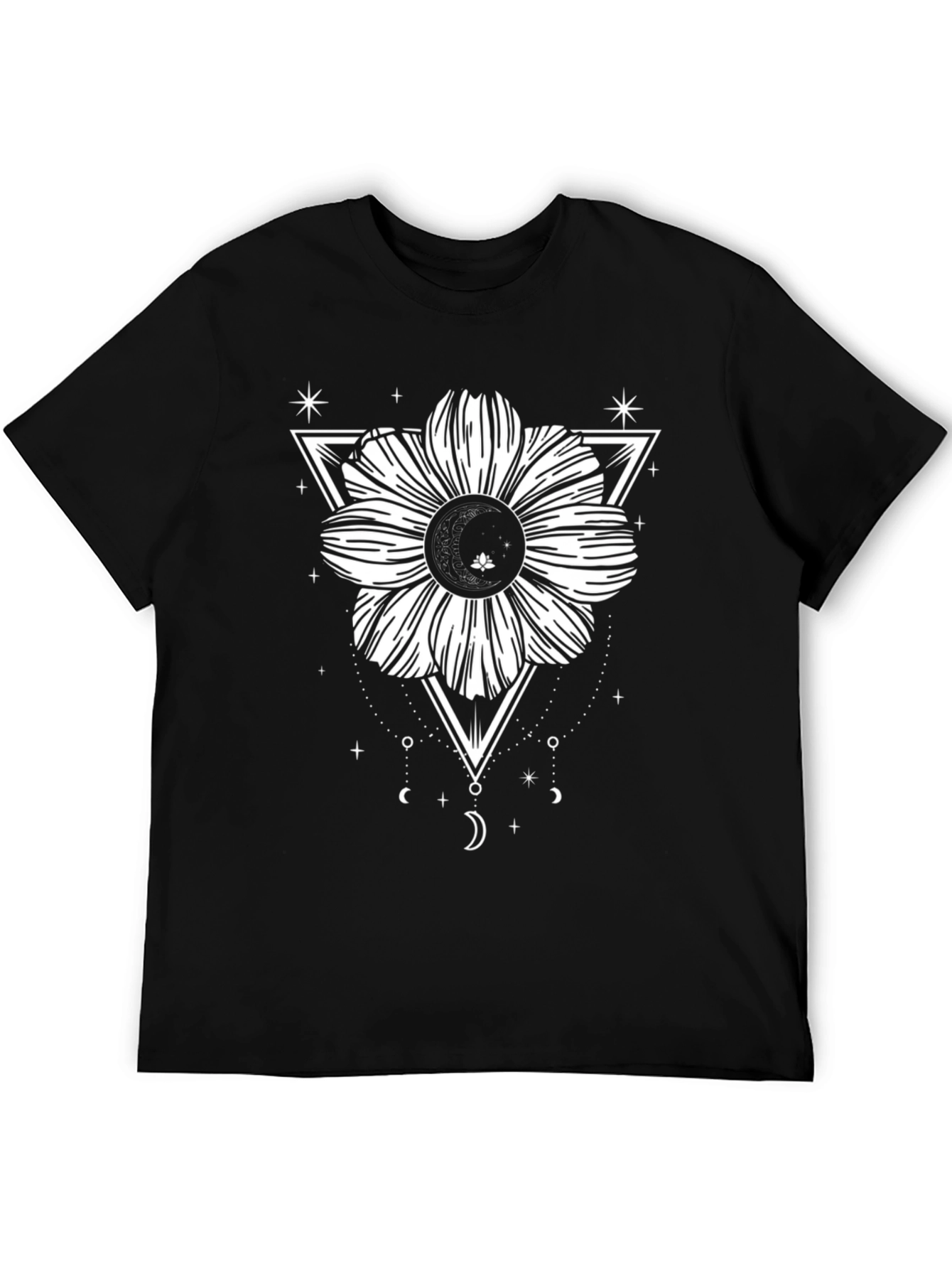 Black Tee with Geometric Floral Moon Design