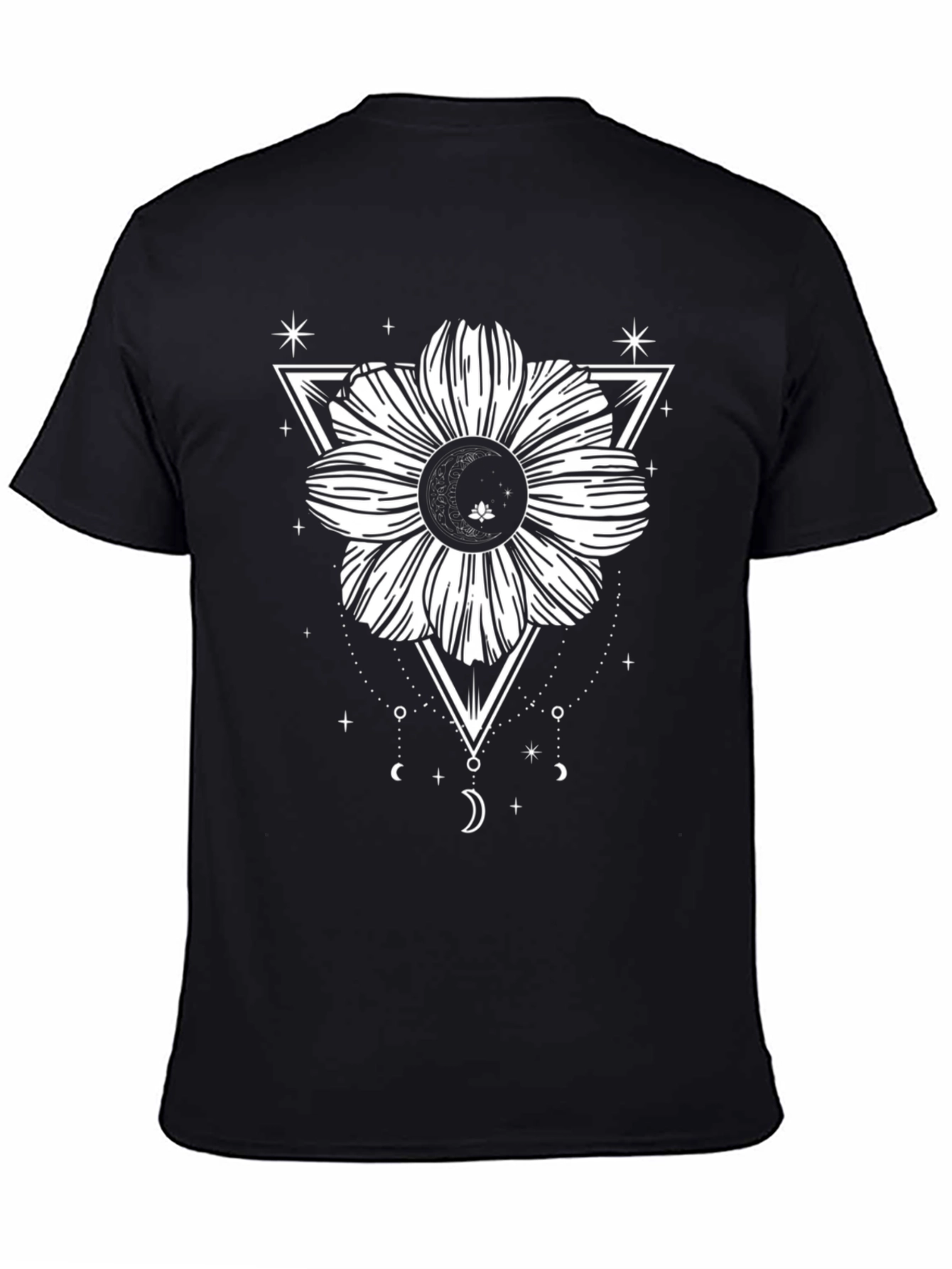 Black Tee with Geometric Floral Moon Design