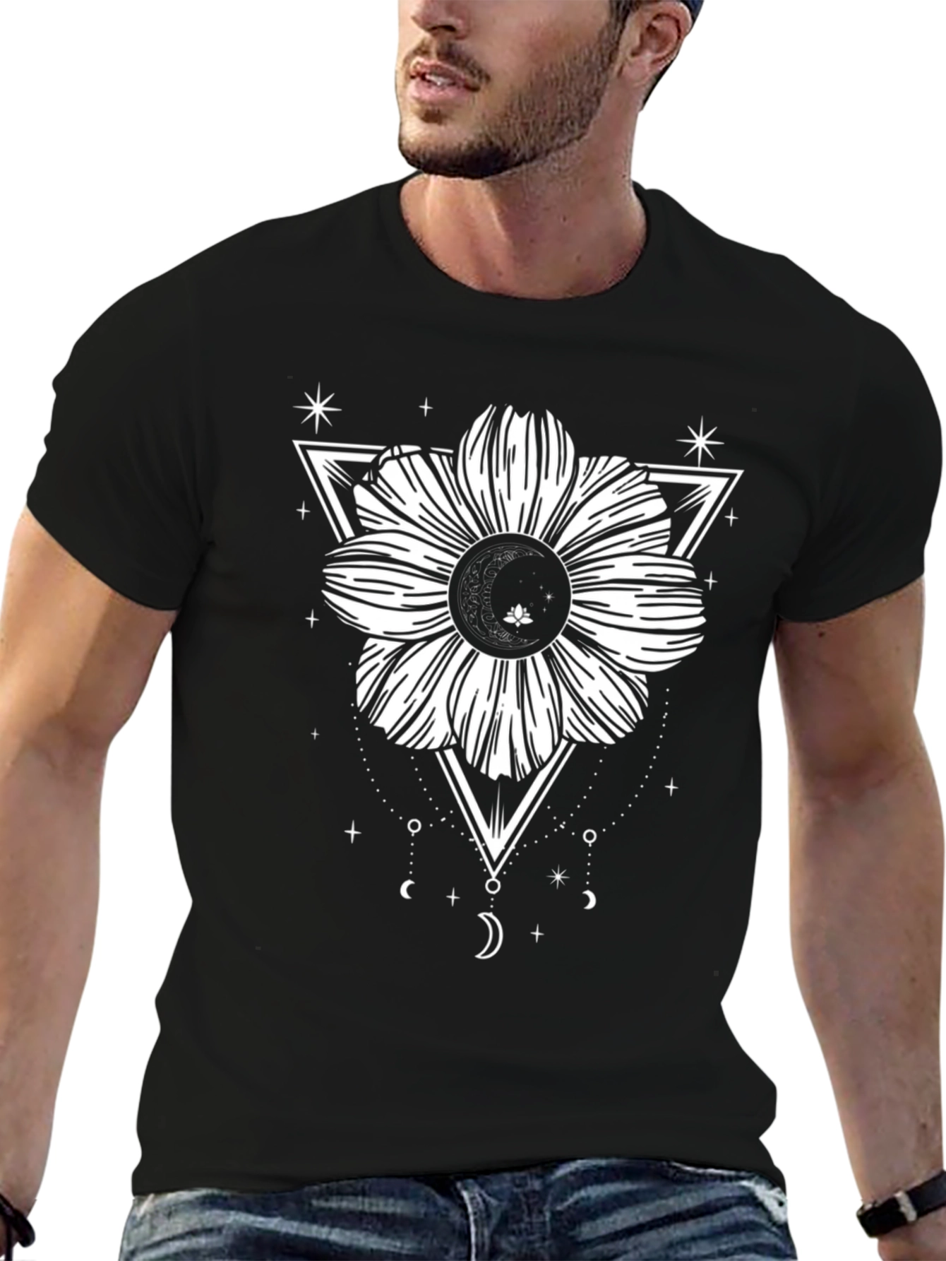 Black Tee with Geometric Floral Moon Design